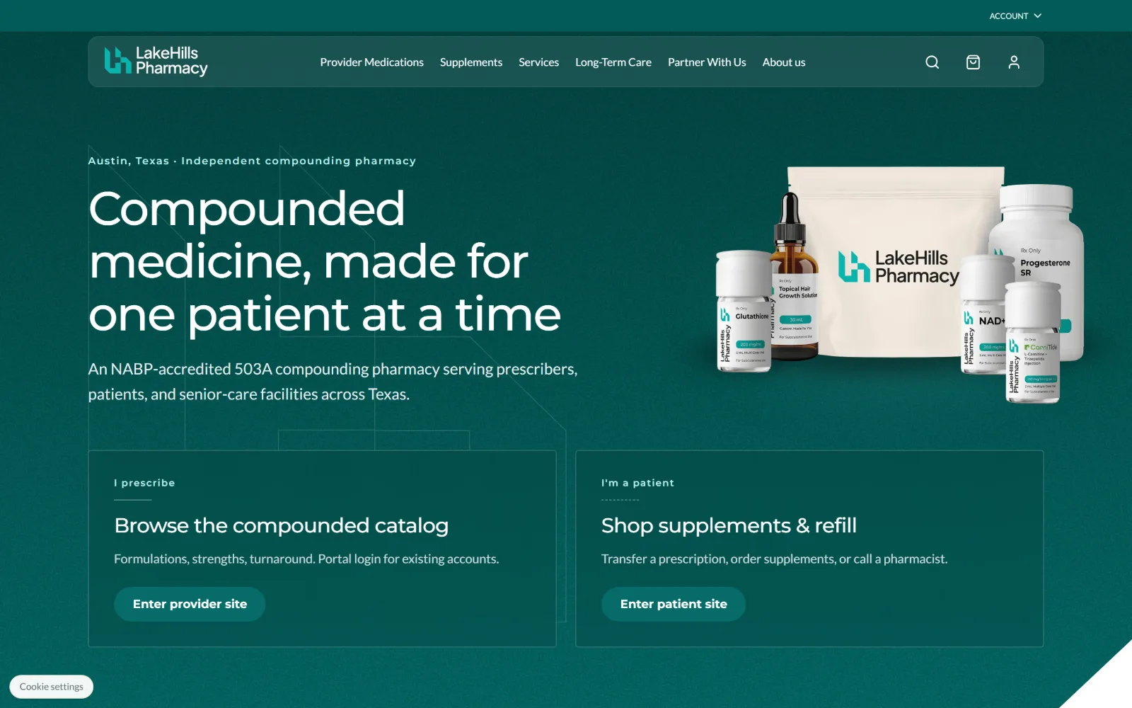 lakehillsrx.com, pharmacy website design: deep teal fills the whole frame: a white headline over three lines
