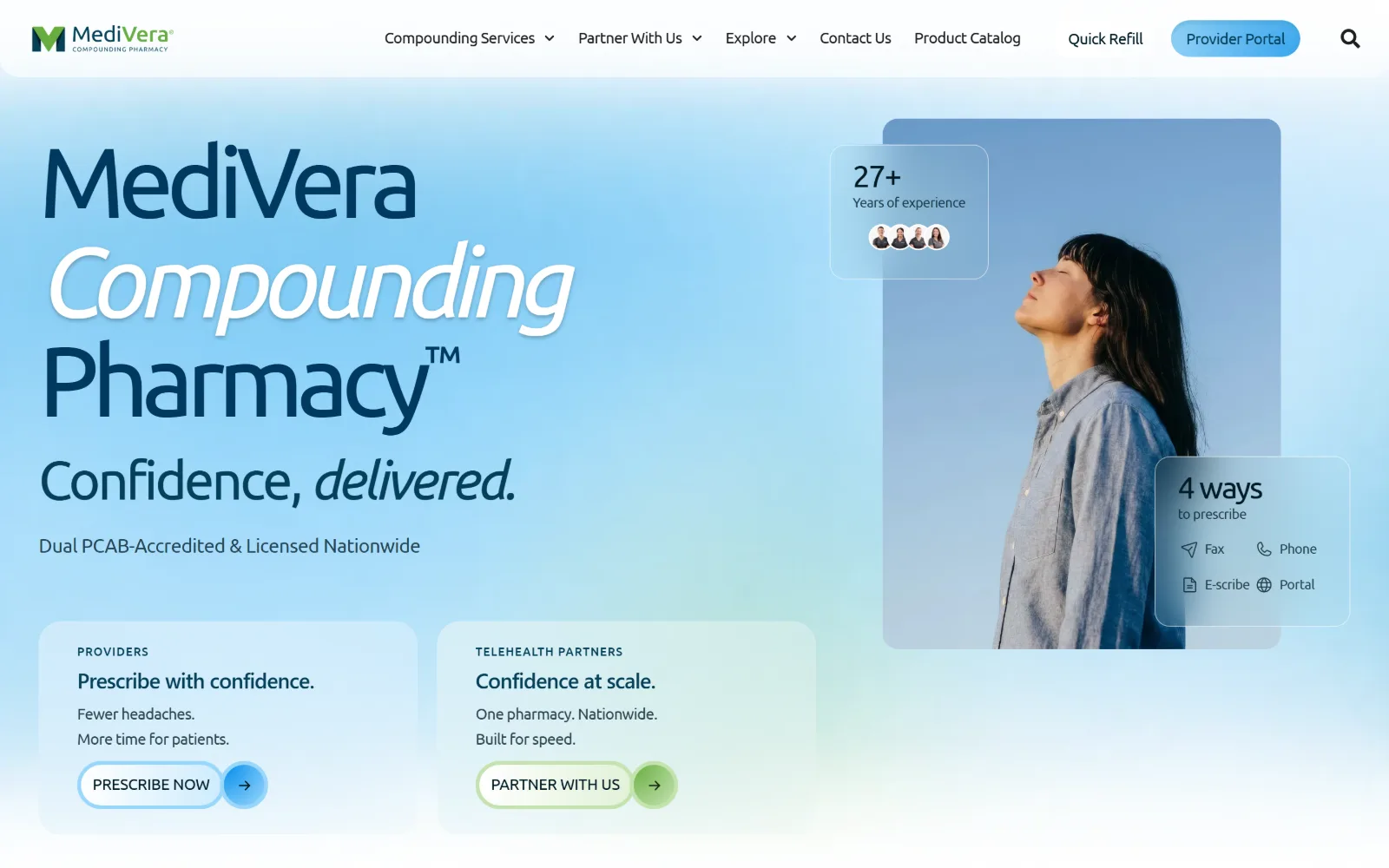 mediverarx.com, pharmacy website design: pale blue gradient behind a stacked wordmark whose middle word is white italic