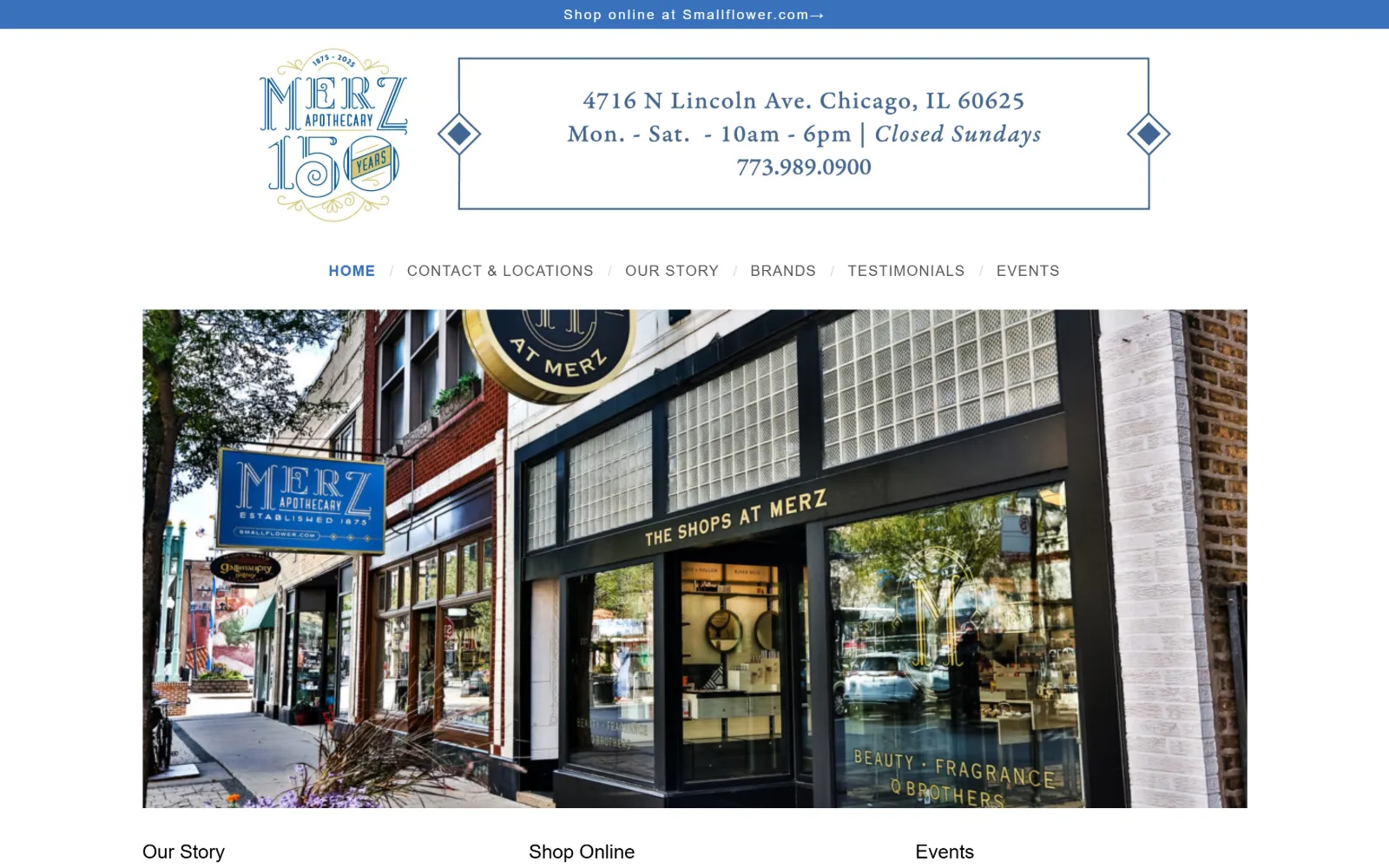 merzapothecary.com, pharmacy website design: blue bar pointing visitors to the shop, under it an engraved 150 year logo