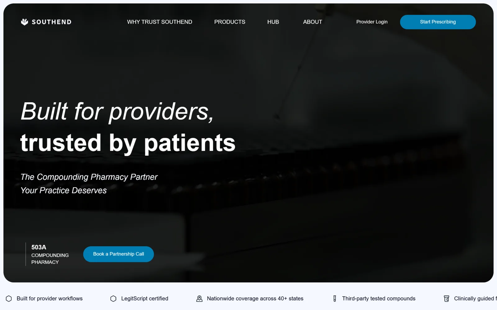 southendpharmacystore.com, pharmacy website design: floating on a pale lilac page, a dark rounded panel holds an italic then roman headline