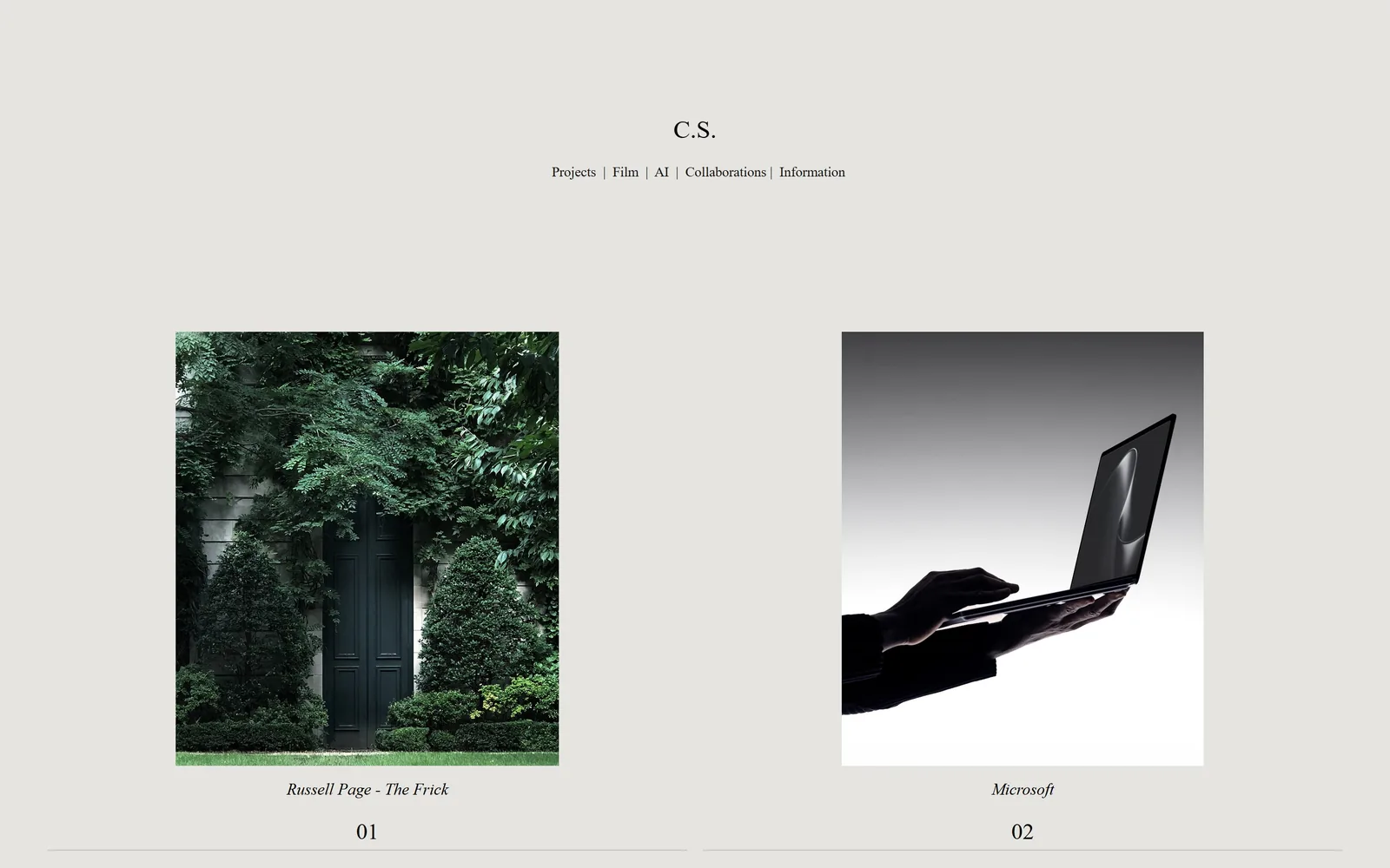 charlieschuck.com, photography website design: two square photographs sit low on a bone-grey page under a tiny C.S. monogram and a nav