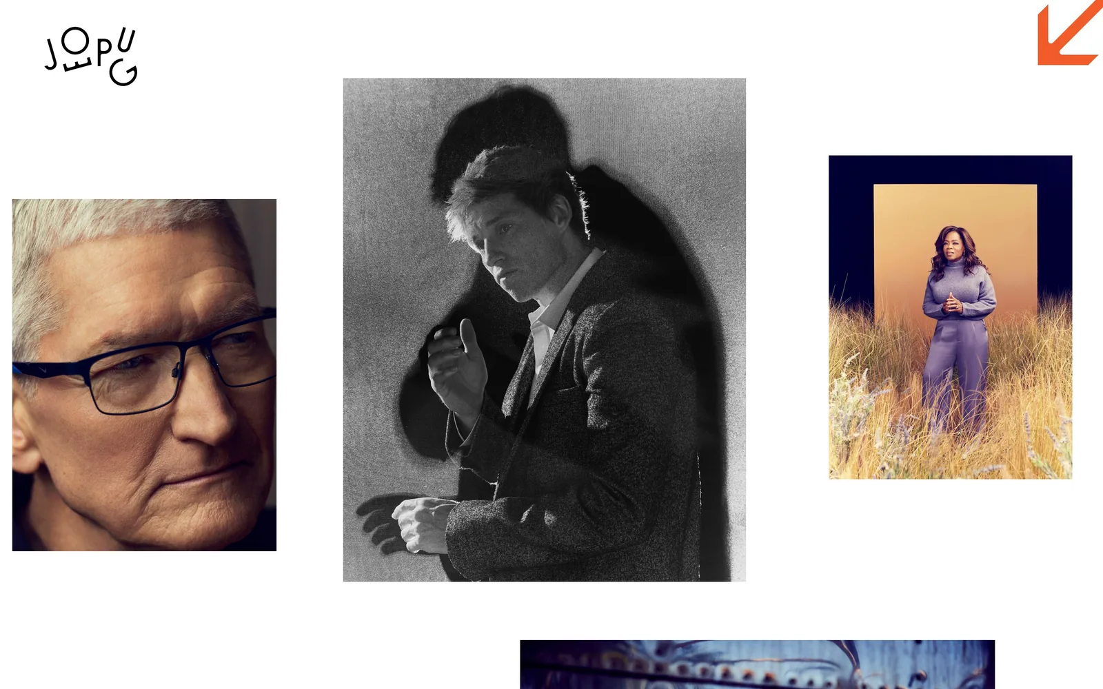 joepug.com, photography website design: four portraits at four different sizes scattered across white