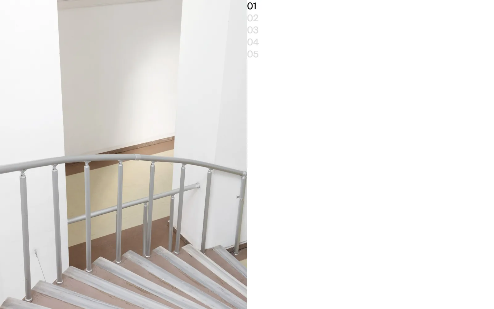 nahokubota.com, photography website design: a single photograph of a stairwell fills the left half of the screen