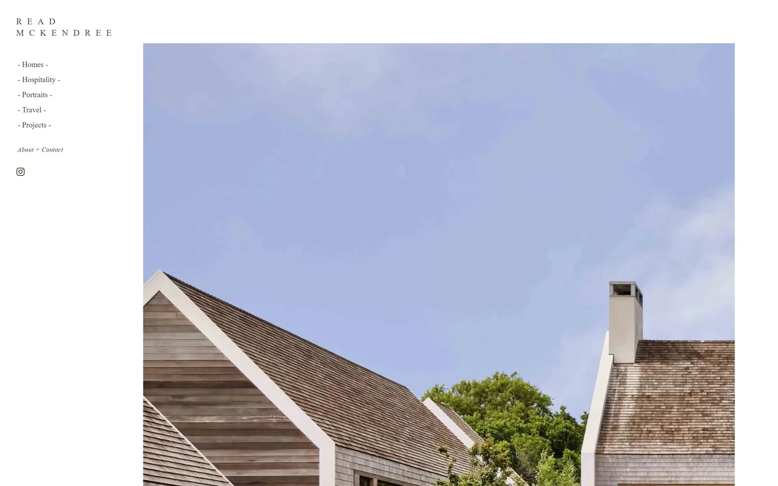 readmckendree.com, photography website design: a shingled gable roof against a pale blue sky fills the right side