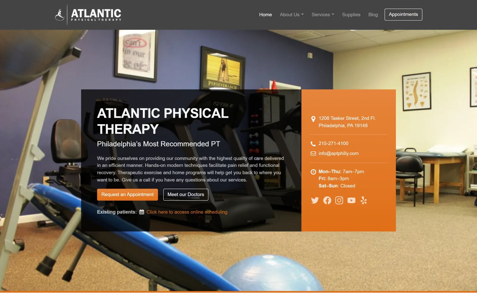 aptphilly.com, physical therapy website design: clinic floor photography behind a dark text panel and an orange column listing address