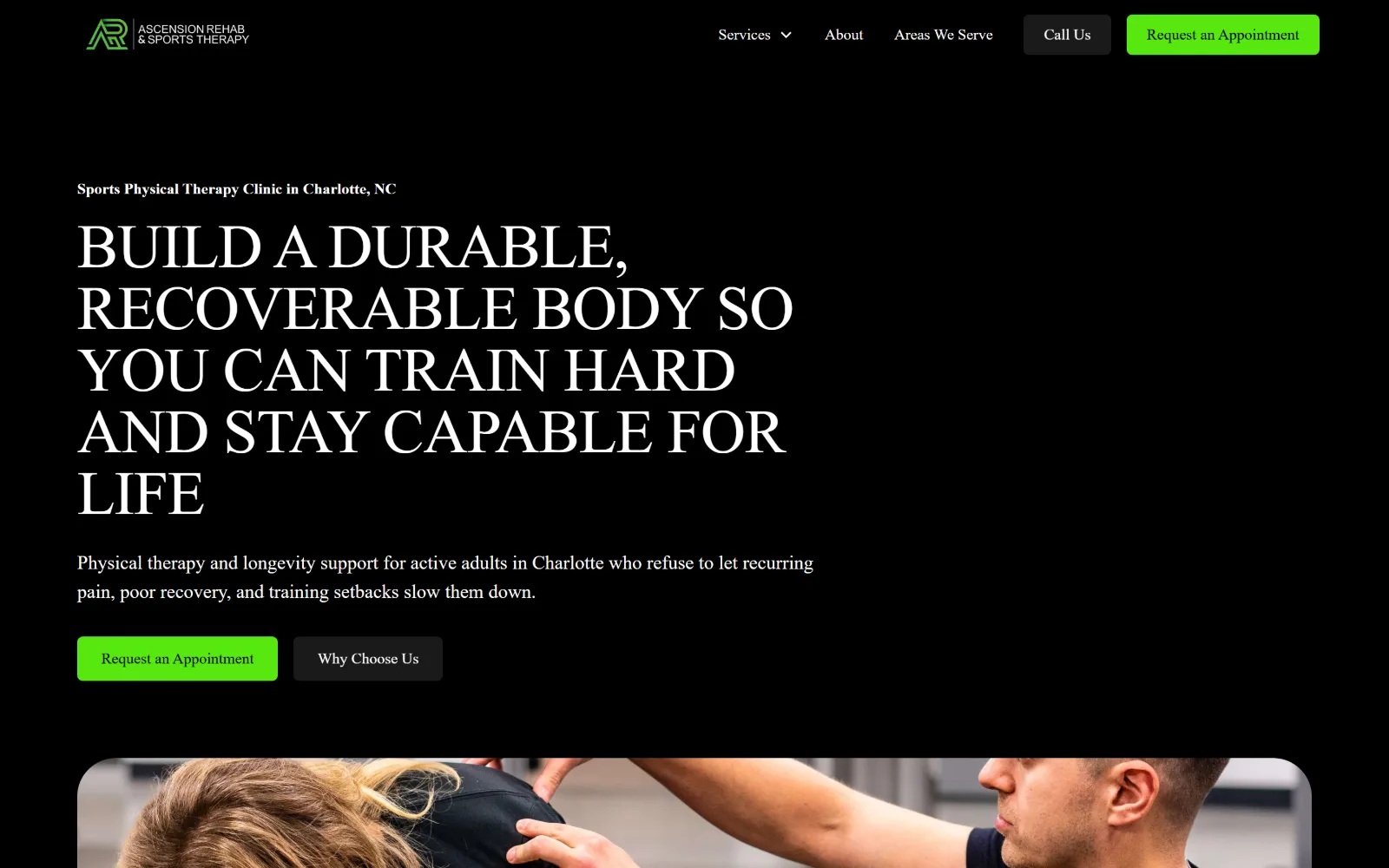 ascensionrf.com, physical therapy website design: six lines of white uppercase display type on pure black