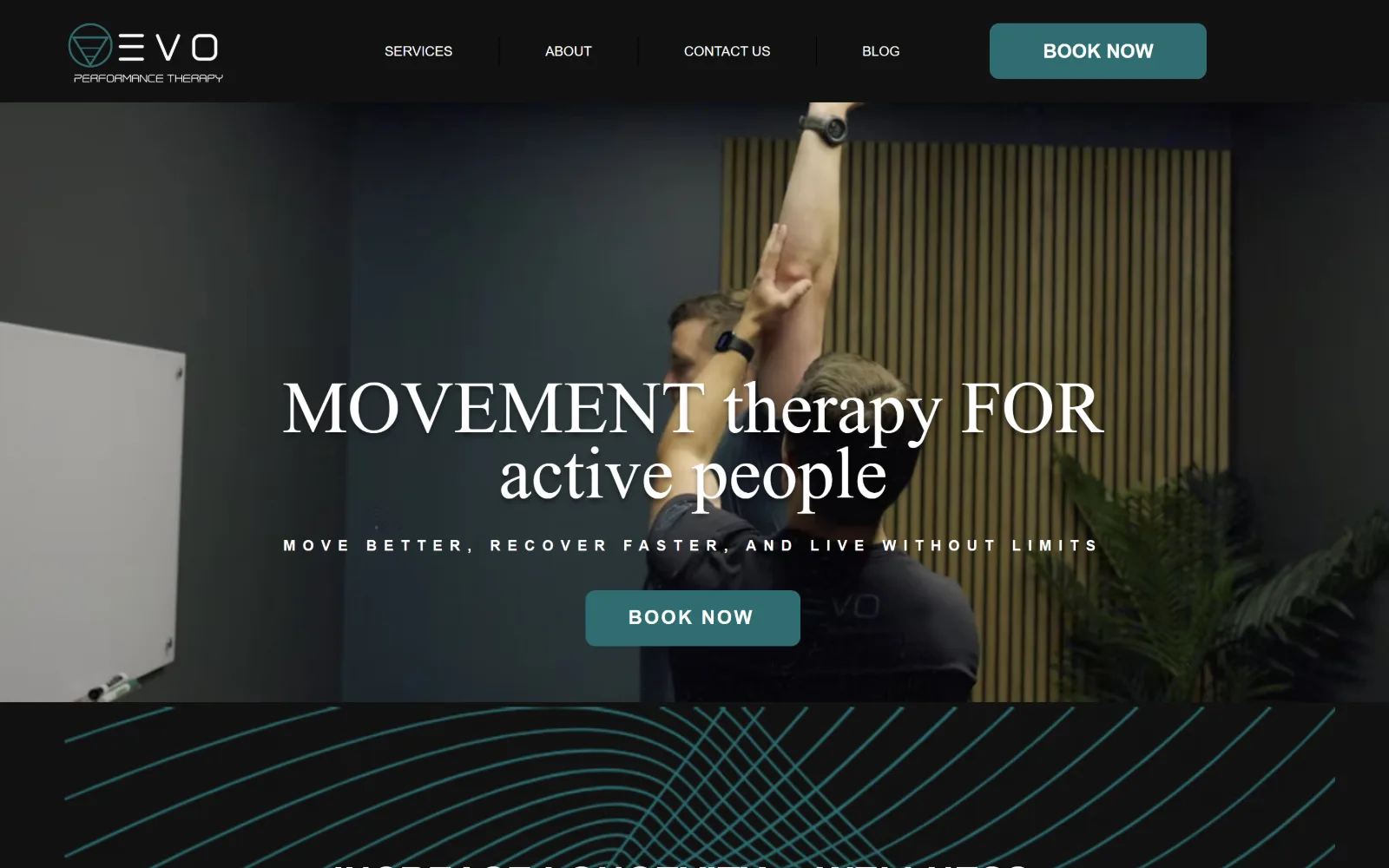 evoperformancetherapy.com, physical therapy website design: low-lit treatment room behind a mixed serif headline