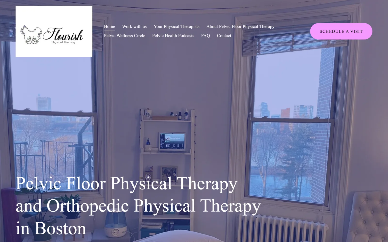 flourishphysicaltherapy.com, physical therapy website design: two tall windows in a treatment room under a violet wash