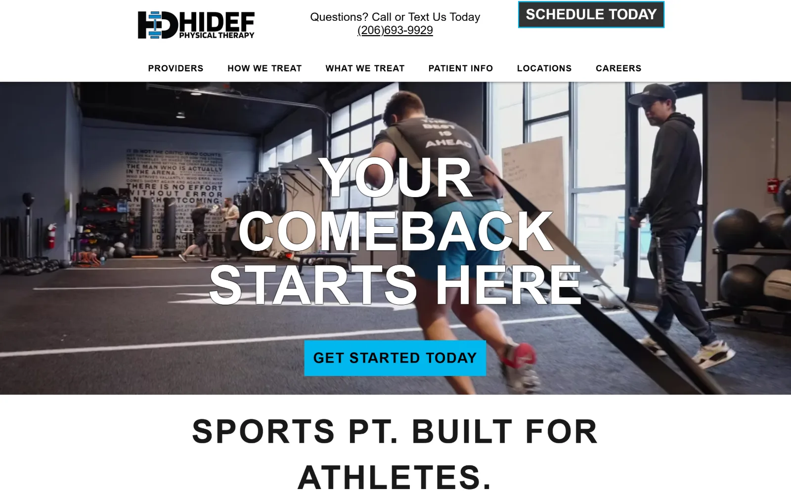 hidefpt.com, physical therapy website design: an athlete drags a sled across a gym floor