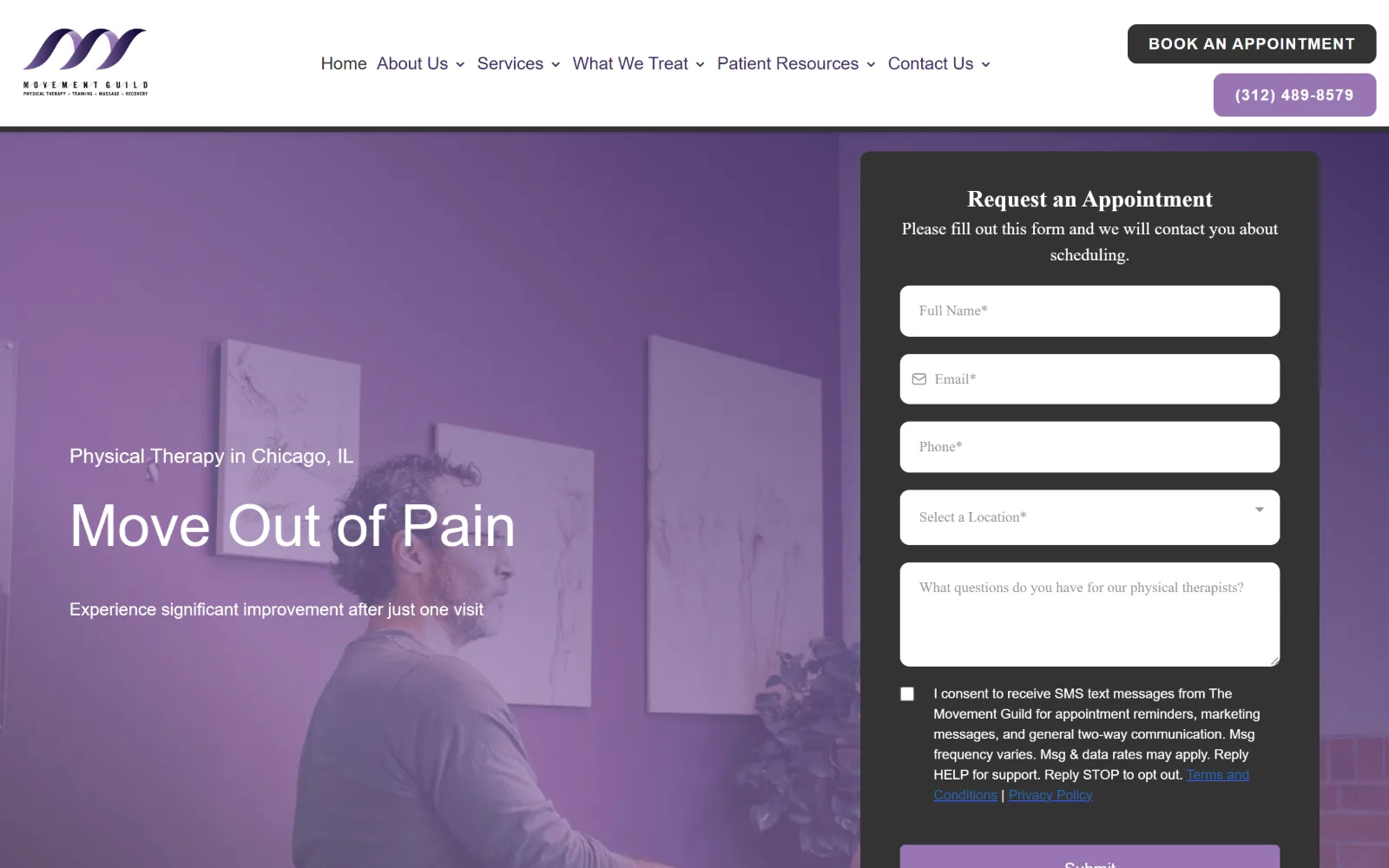 movementguild.com, physical therapy website design: purple washed photograph of a man in a clinic corridor on the left