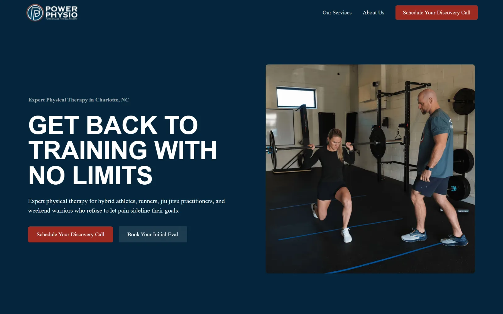 mypowerphysio.com, physical therapy website design: navy ground split in two: a three line uppercase headline on the left
