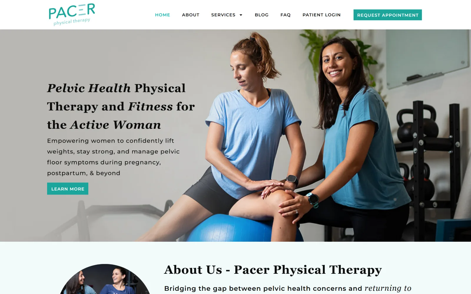 pacerphysicaltherapy.com, physical therapy website design: two women work on a stability ball in a bright gym
