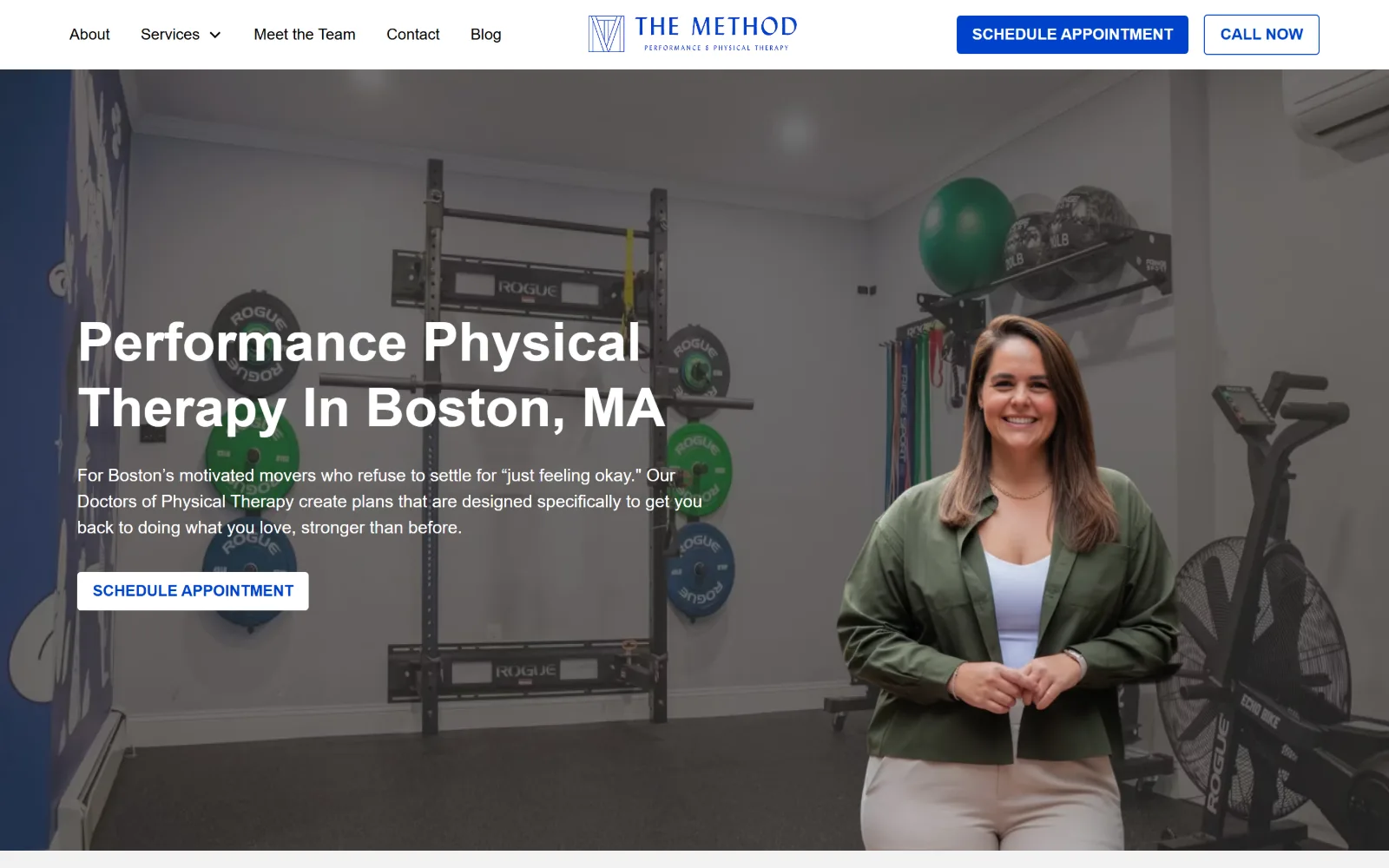 themethodpt.com, physical therapy website design: racked bumper plates and a smiling therapist fill a wide studio photograph