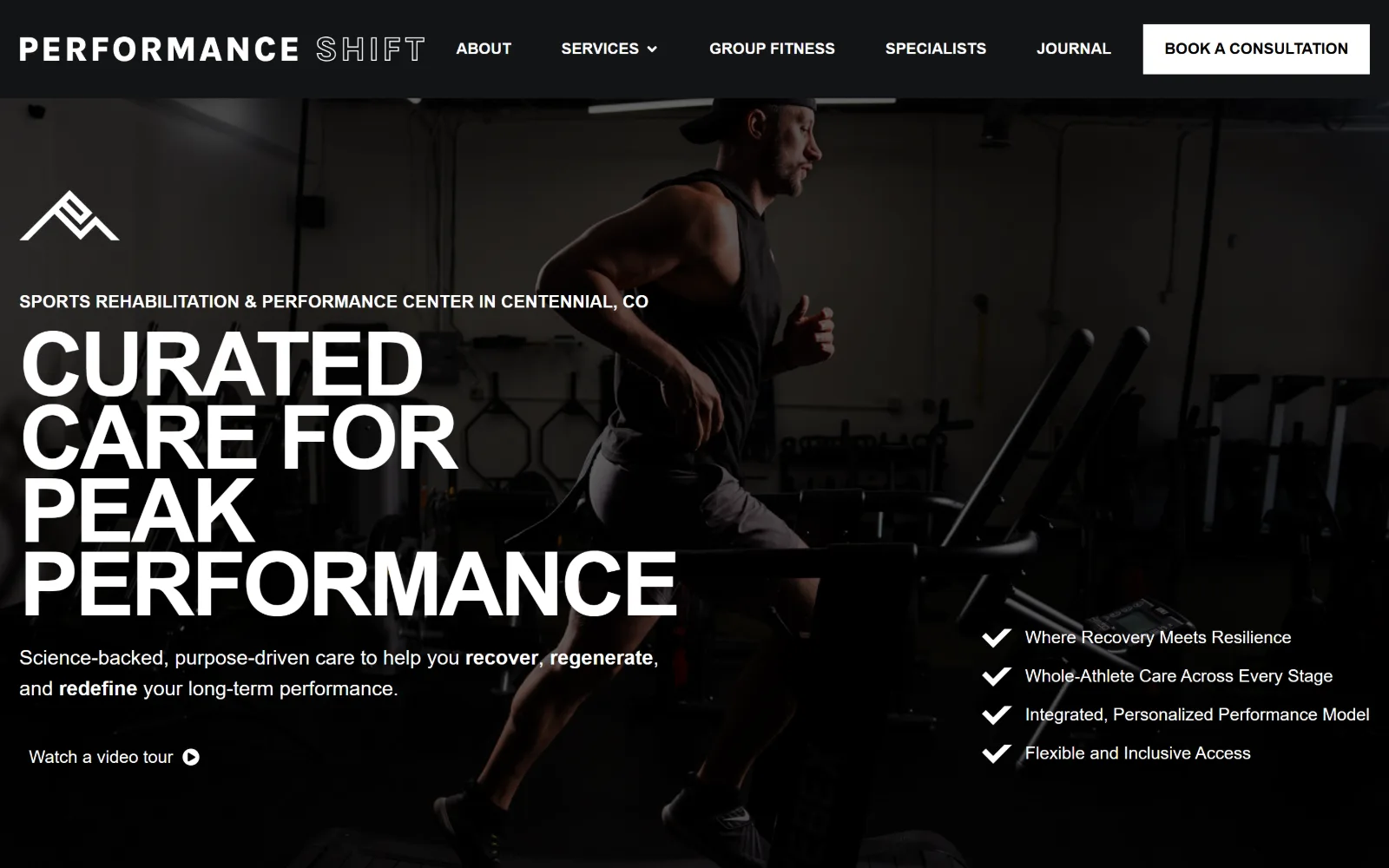 theperformanceshift.com, physical therapy website design: near-black video of a runner on a treadmill