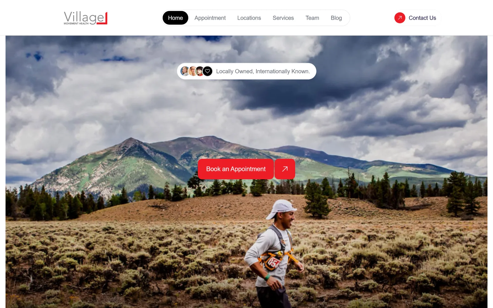 villageptpdx.com, physical therapy website design: full width shot of a trail runner crossing high desert scrub under storm clouds