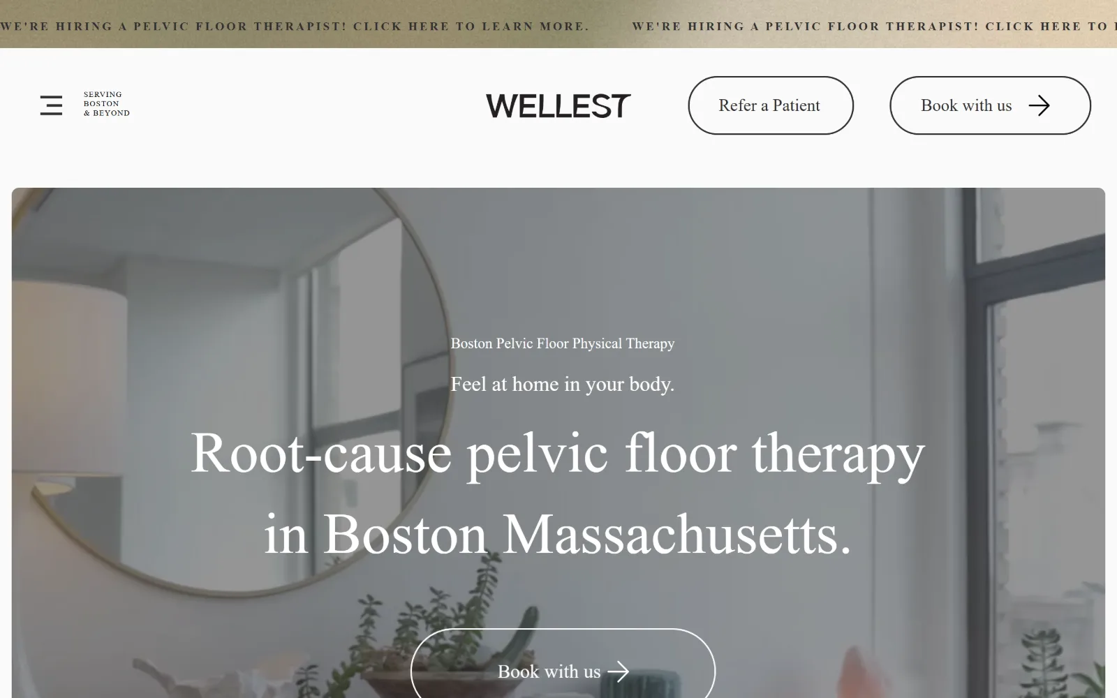 wellesthealth.com, physical therapy website design: pale interior photography of a treatment room sits behind centred serif type