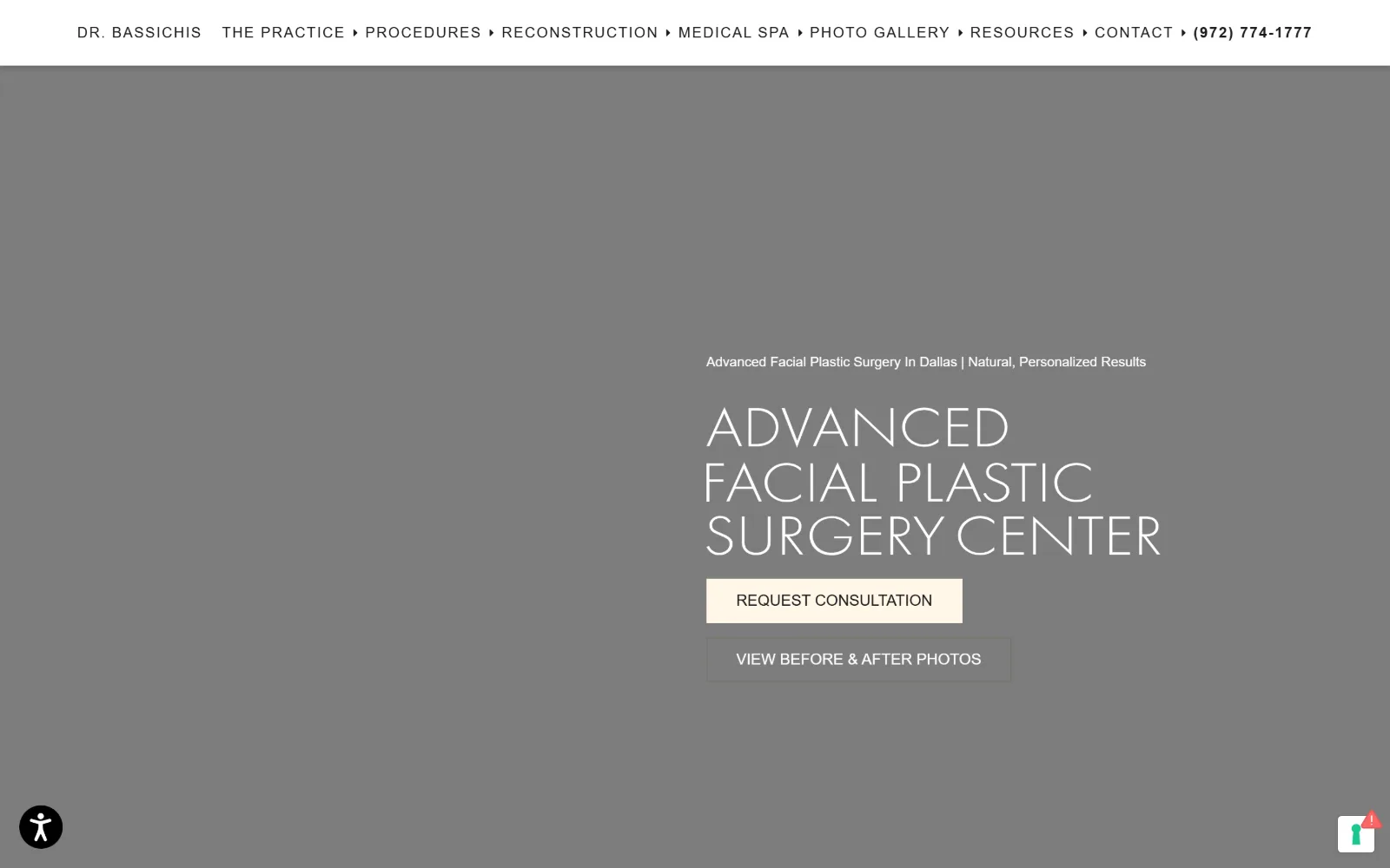advancedfacialplastic.com, plastic surgery website design: white nav strip over a grey hero