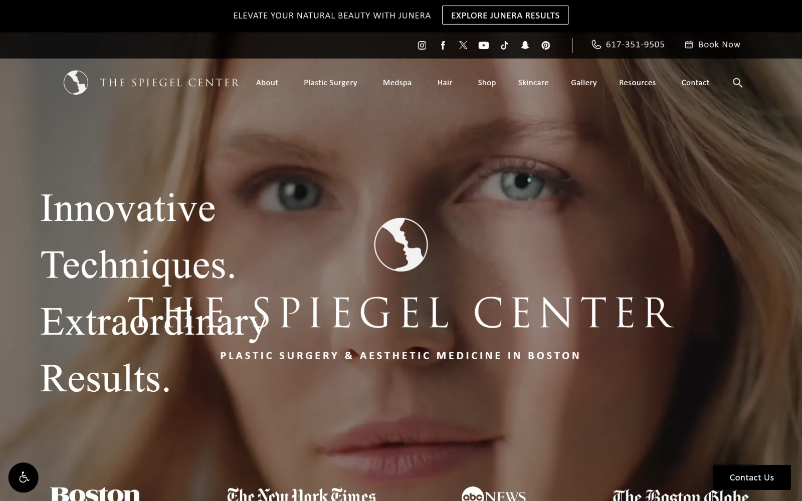 drspiegel.com, plastic surgery website design: macro portrait behind two stacked black bars