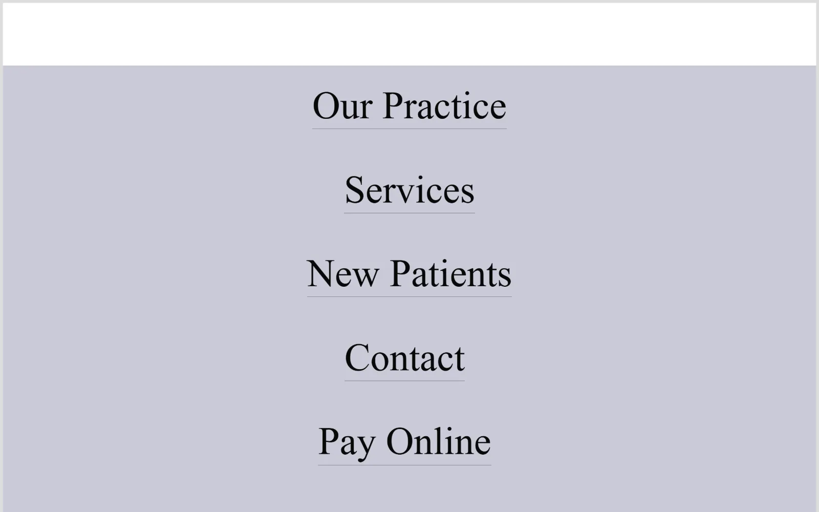 eliteoculoplastics.com, plastic surgery website design: pale lavender-grey field holding nothing but five underlined serif links