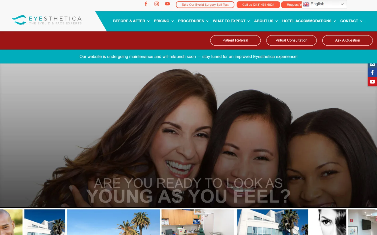 eyesthetica.com, plastic surgery website design: teal nav band, a red button row and a maintenance notice sit above a greyed hero of three