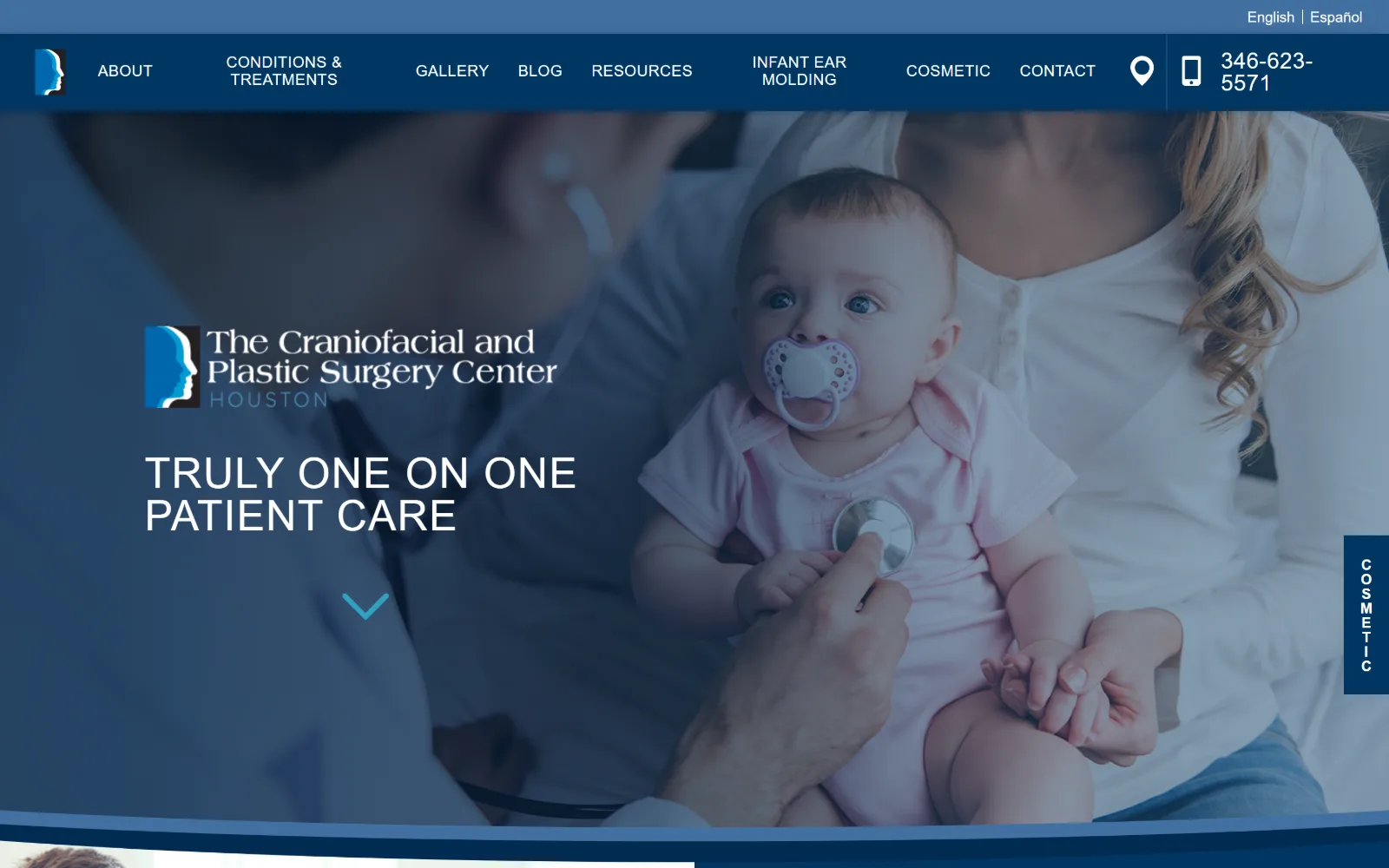 houstoncraniofacial.com, plastic surgery website design: navy-tinted photograph of an infant being examined