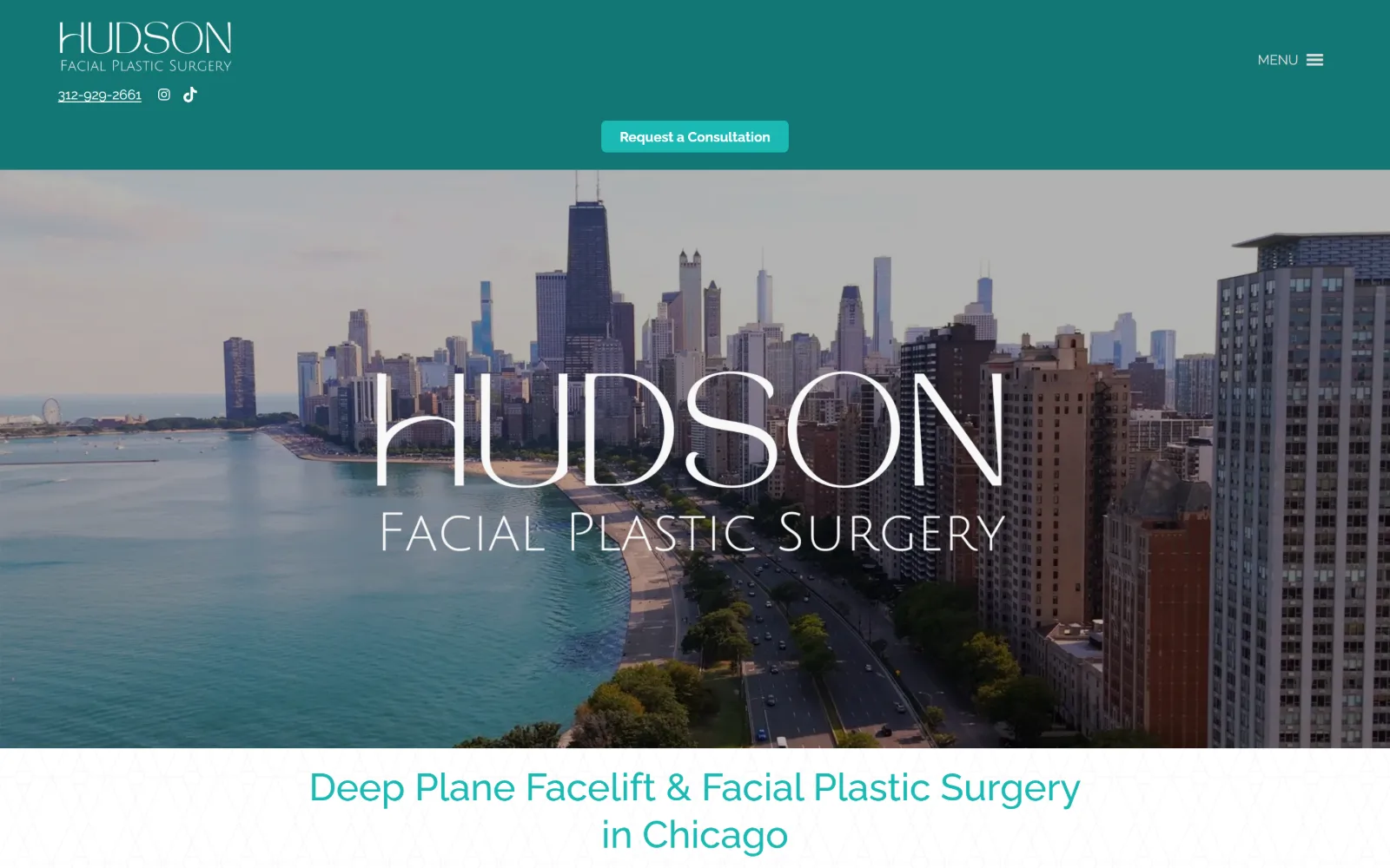 hudsonfacialplastics.com, plastic surgery website design: deep teal header band above aerial video of the Chicago lakefront