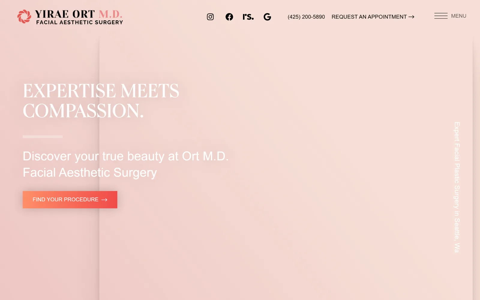 ortmdsurgery.com, plastic surgery website design: blush pink field with no imagery: white serif caps two lines deep, a short rule