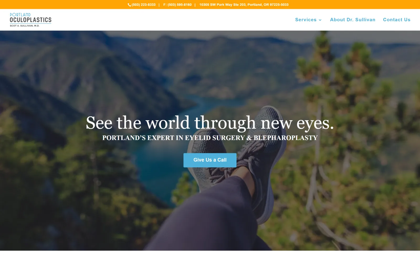 portlandoculoplastics.com, plastic surgery website design: hiker's trainers propped over a river gorge fill the hero