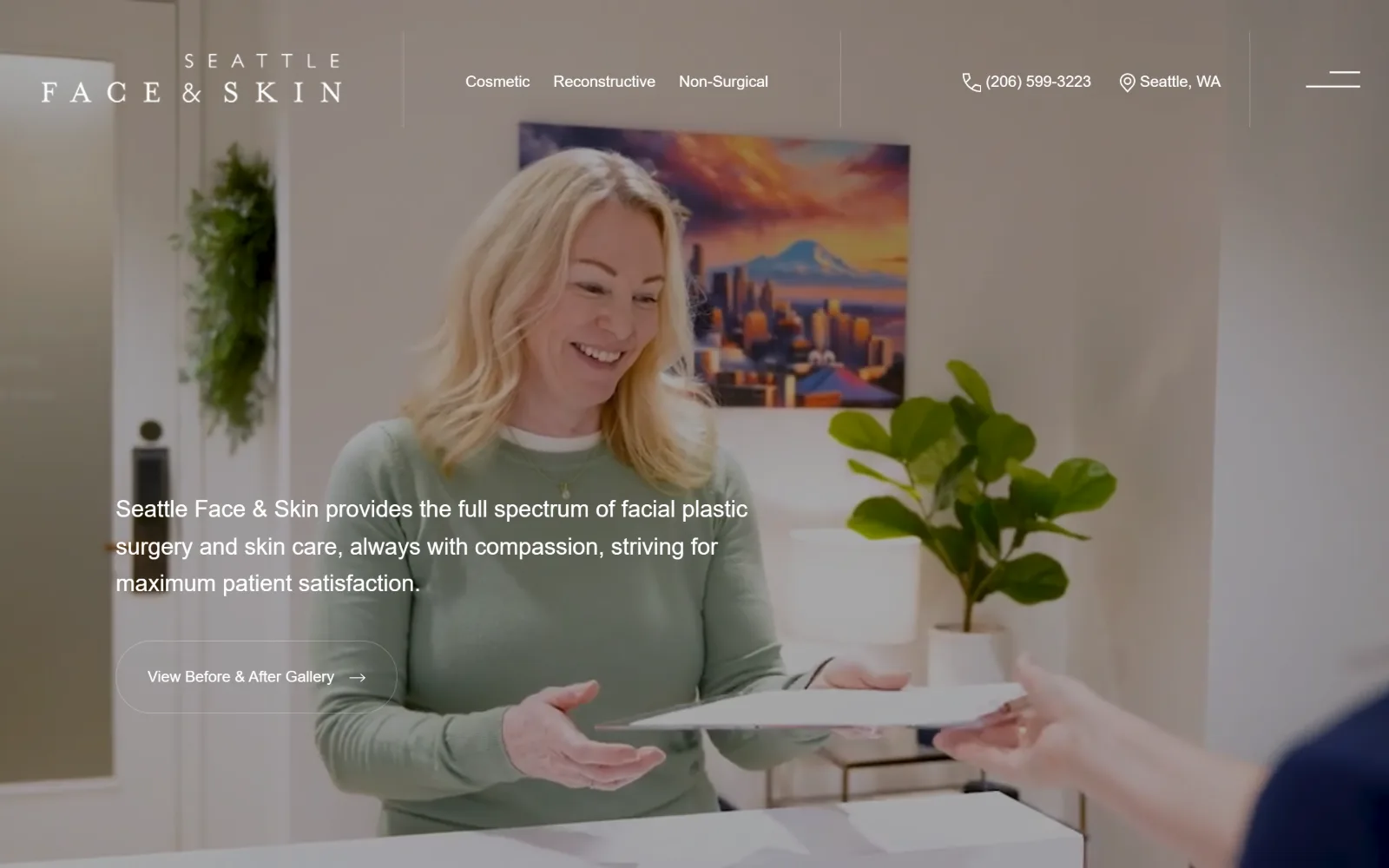seattlefaceandskin.com, plastic surgery website design: video of a receptionist handing over a folder fills the frame
