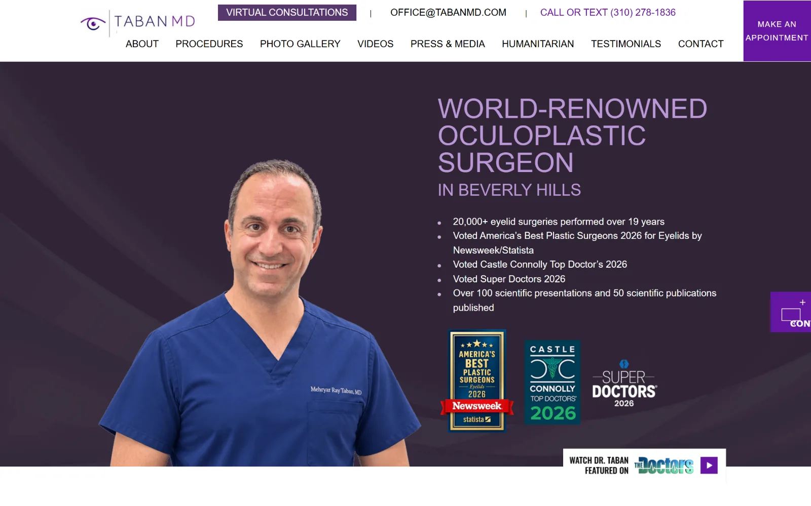 tabanmd.com, plastic surgery website design: purple hero with the surgeon cut out in blue scrubs at left