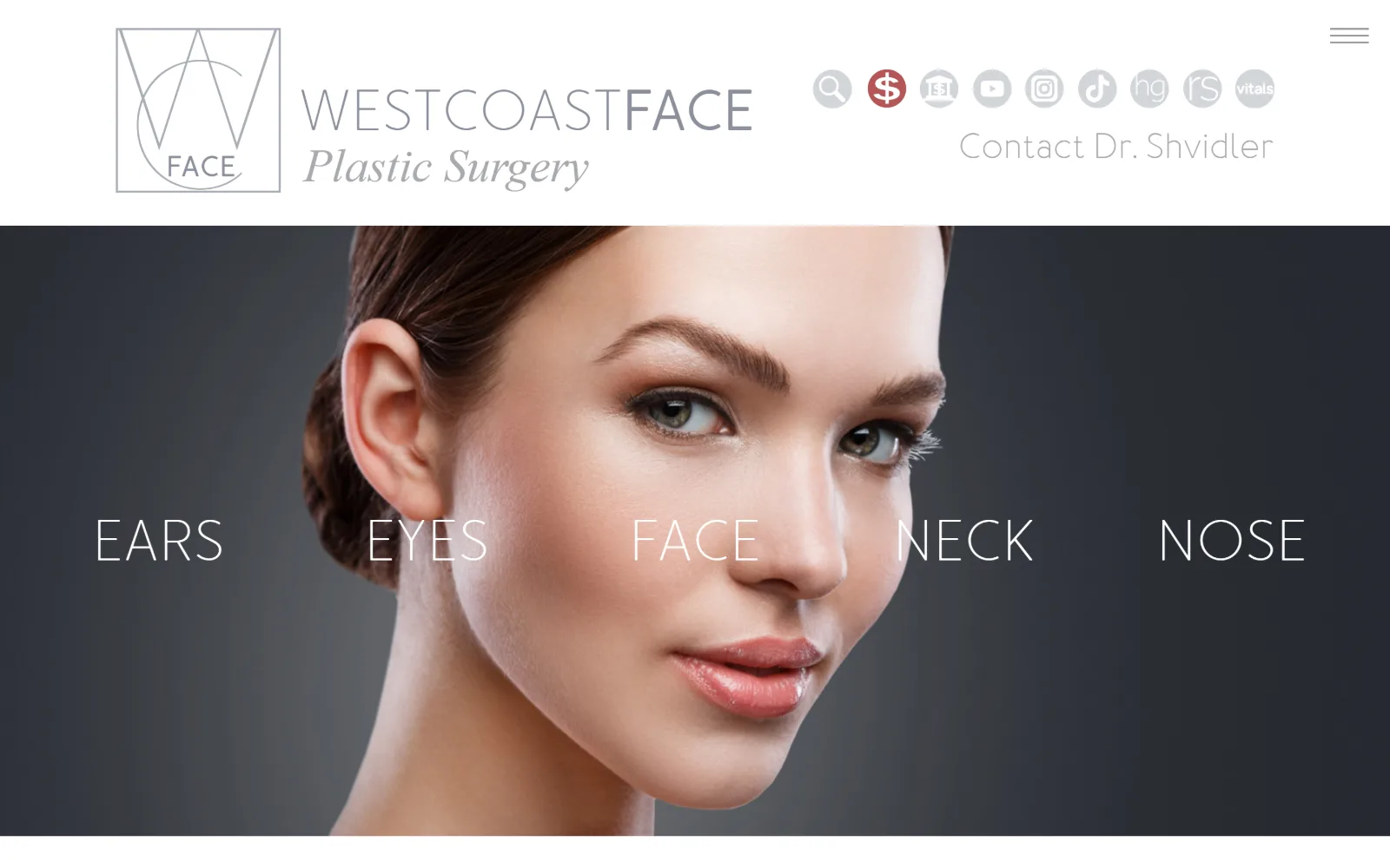 westcoastface.com, plastic surgery website design: three-quarter studio portrait on a graphite ground, with five words