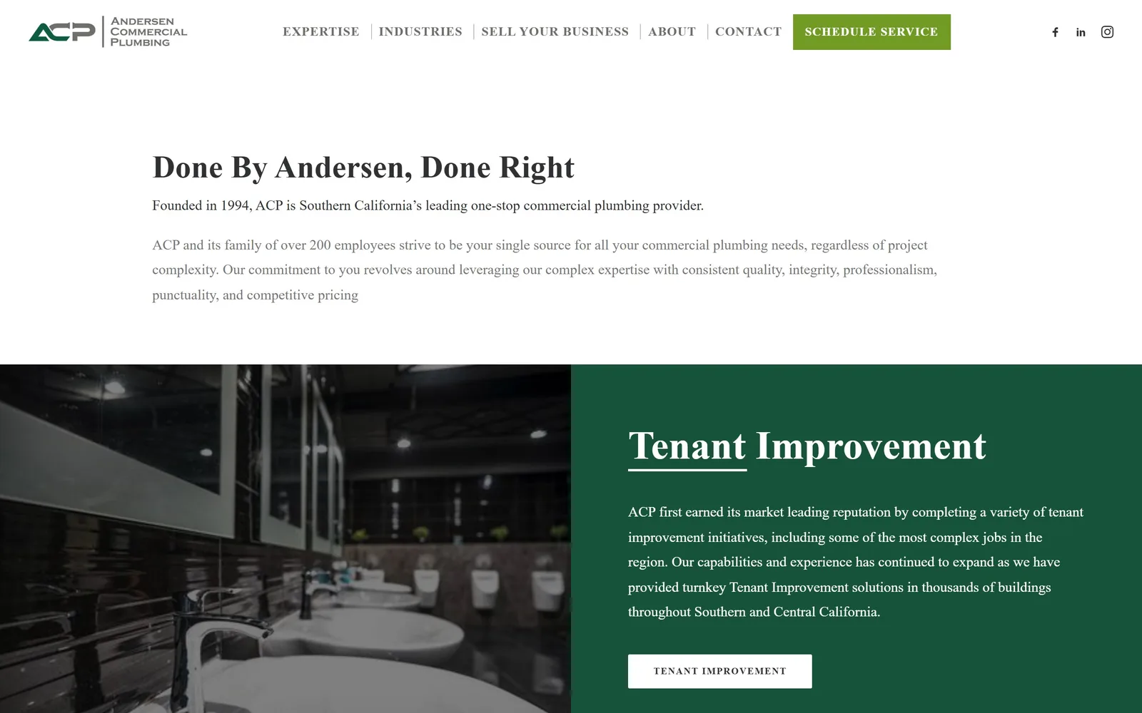 andersenplumbing.com, plumbing website design: no hero image at all, just a serif line
