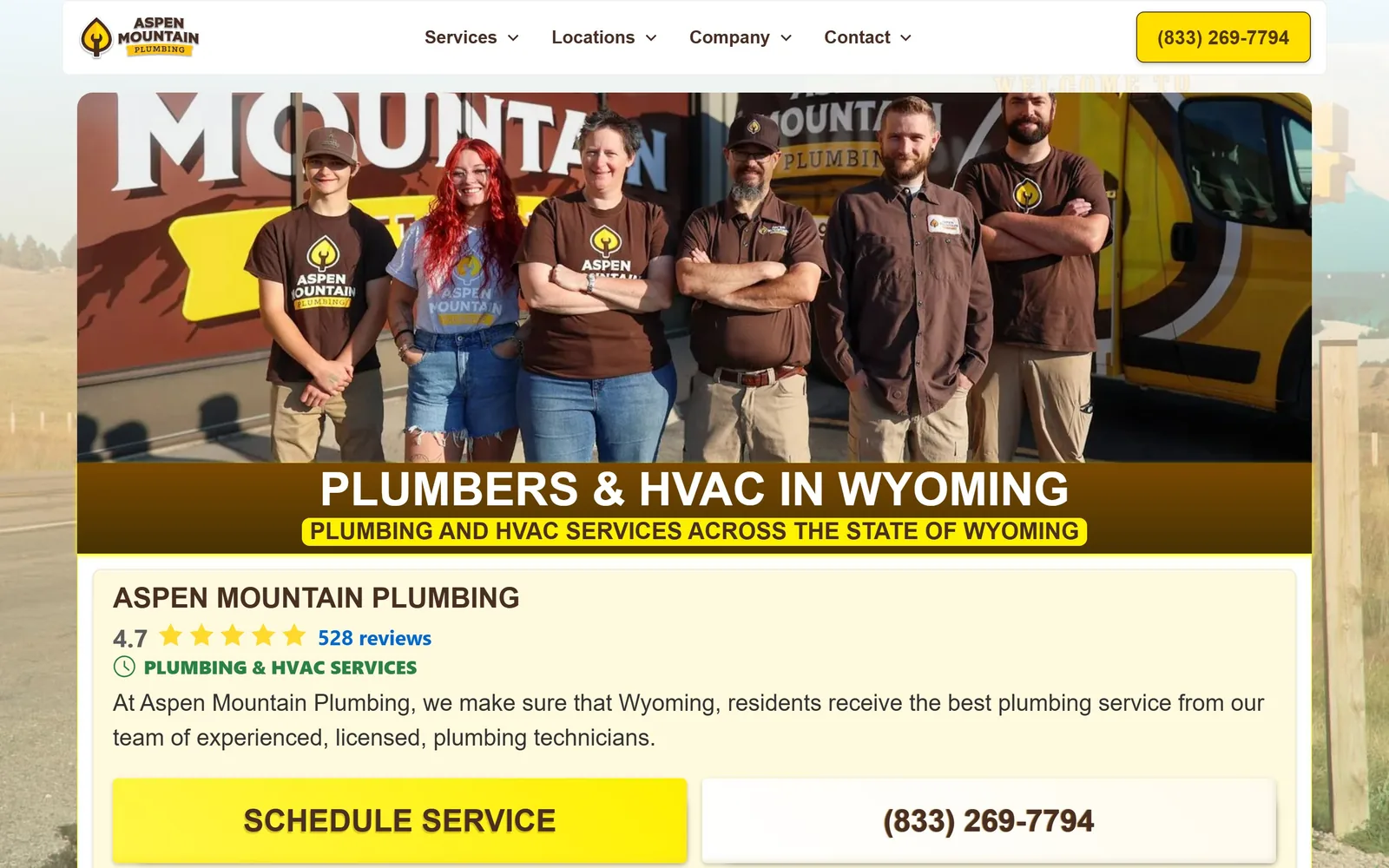 aspenmtnplumbing.com, plumbing website design: a Wyoming crew photographed in front of their own van
