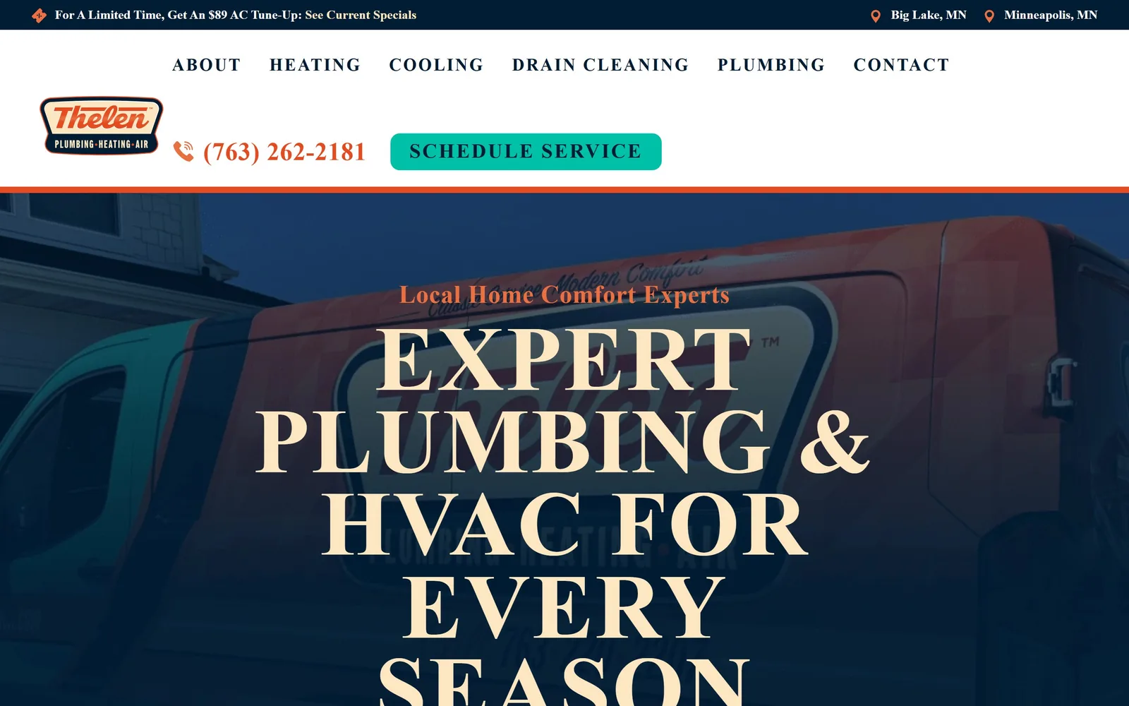 callthelen.com, plumbing website design: cream capitals in a high-contrast serif
