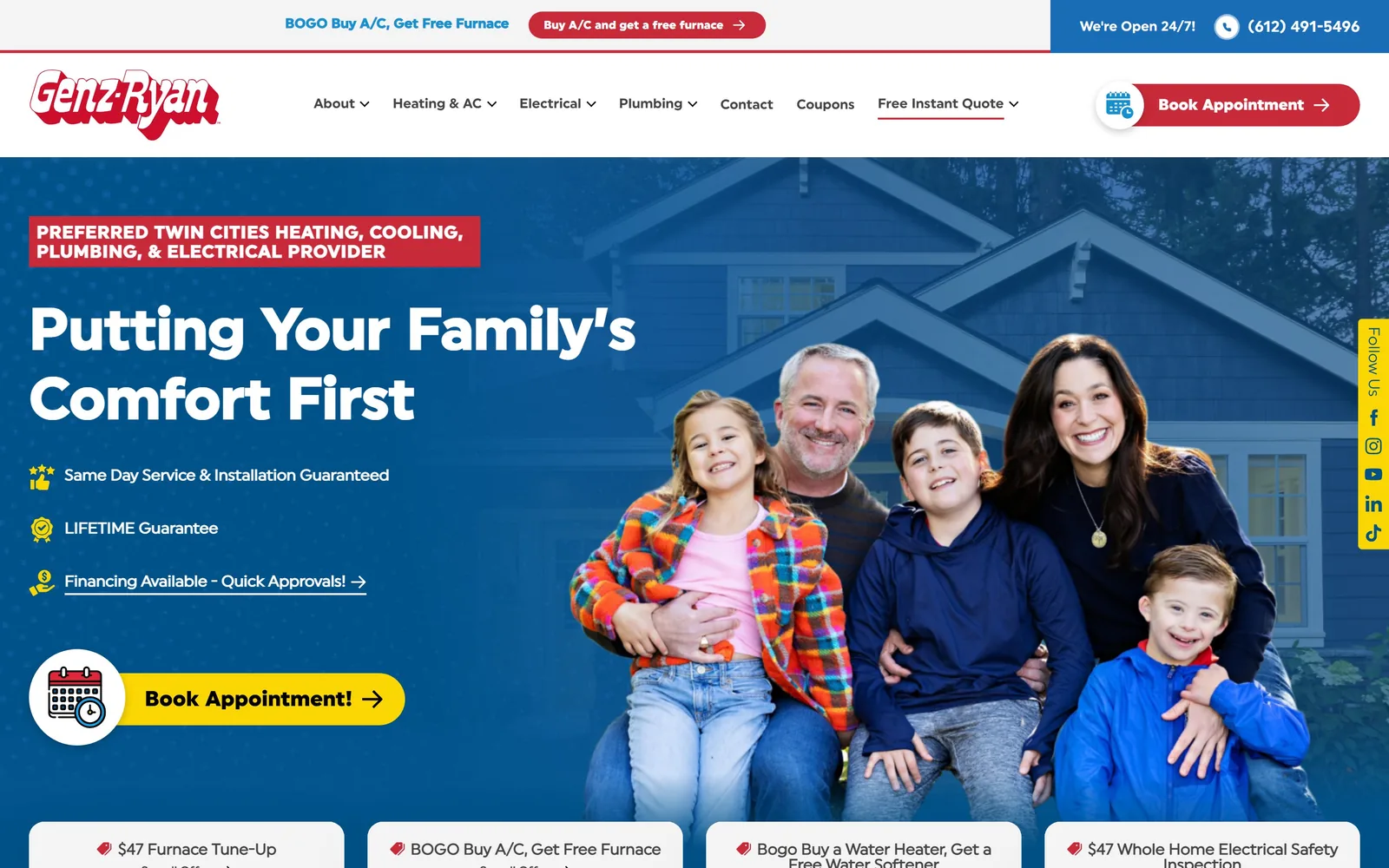 genzryan.com, plumbing website design: a family on a porch, a red eyebrow tab, a yellow booking button and a row of coupons underneath