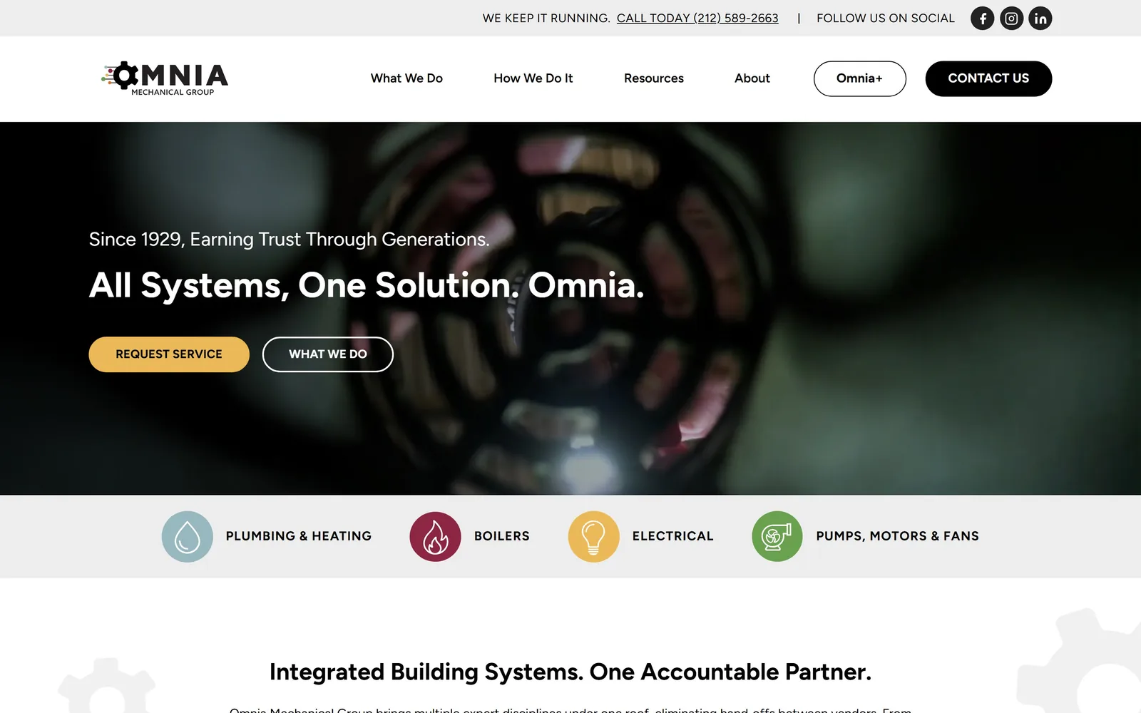 omniagroup.nyc, plumbing website design: a dark video still of machinery, a flat white nav above it