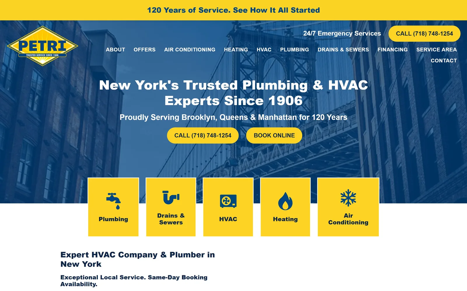 petriplumbing.com, plumbing website design: navy over a bridge photograph, saturated yellow on the bar and buttons