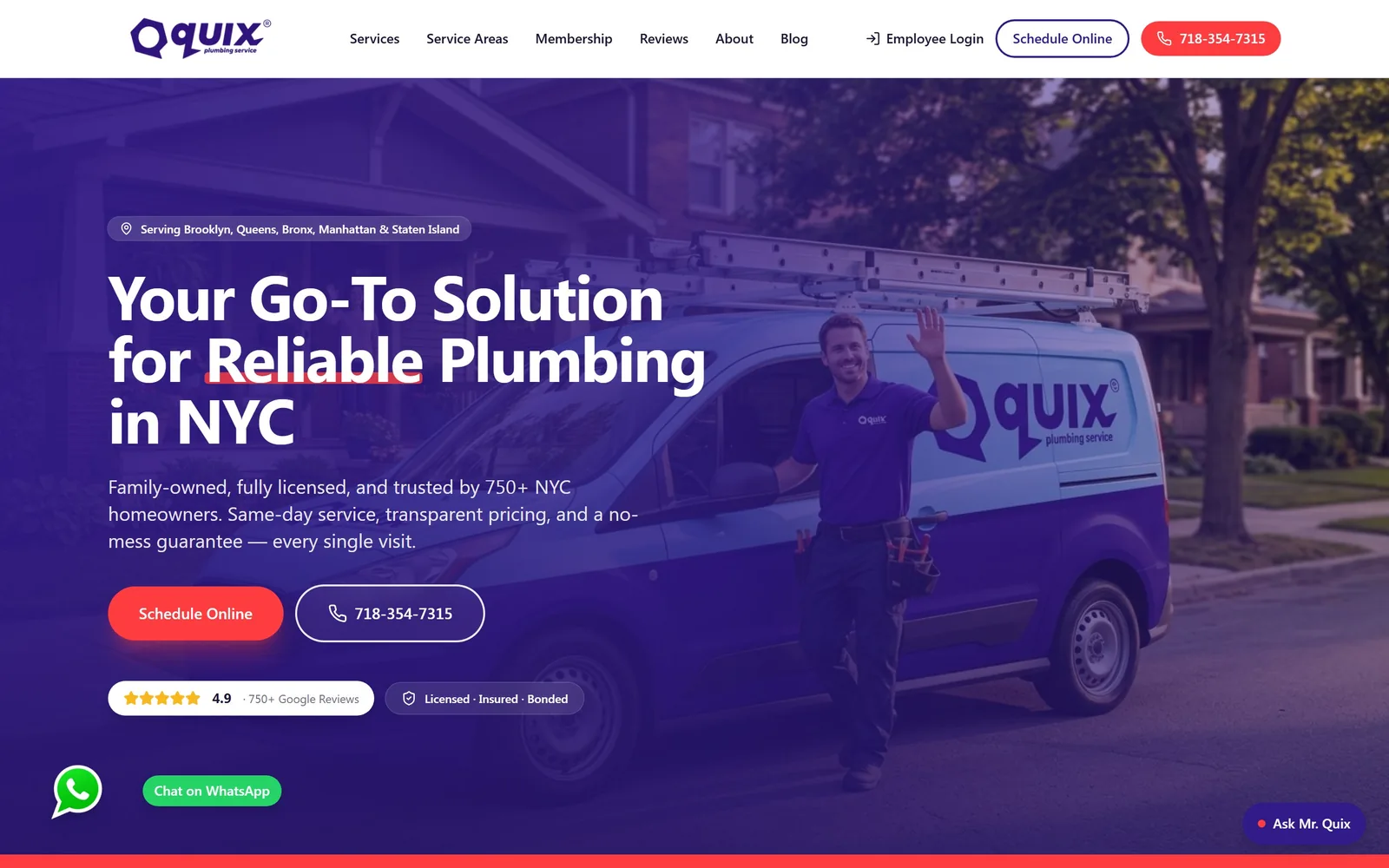 quixservice.com, plumbing website design: a deep violet wash over a technician mid-wave