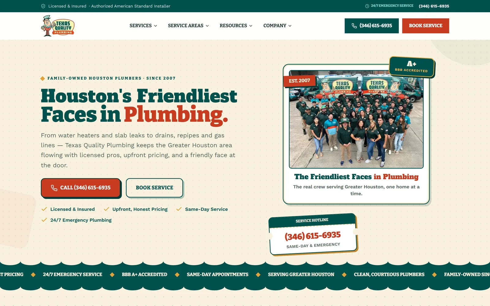 texasqualityplumbing.com, plumbing website design: warm cream ground, a heavy slab serif in deep teal