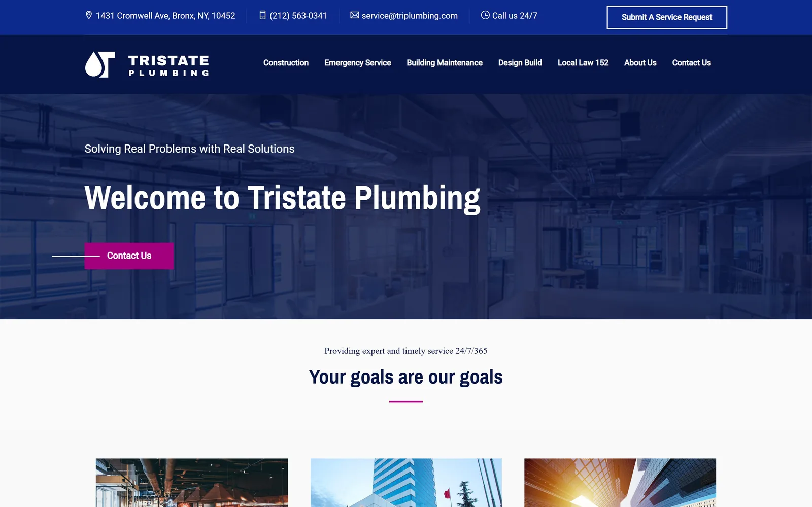 triplumbing.com, plumbing website design: navy over a pale shot of exposed pipework, with magenta picking out the one button worth pressing