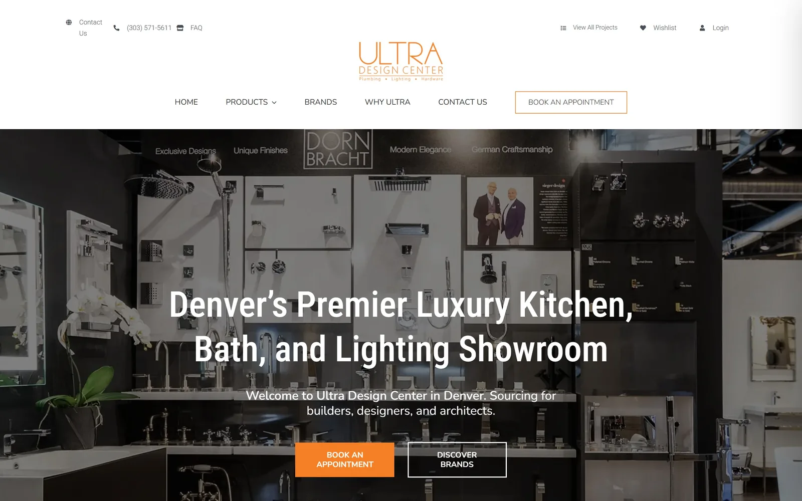 ultradesigncenter.com, plumbing website design: a dark showroom wall of fixtures
