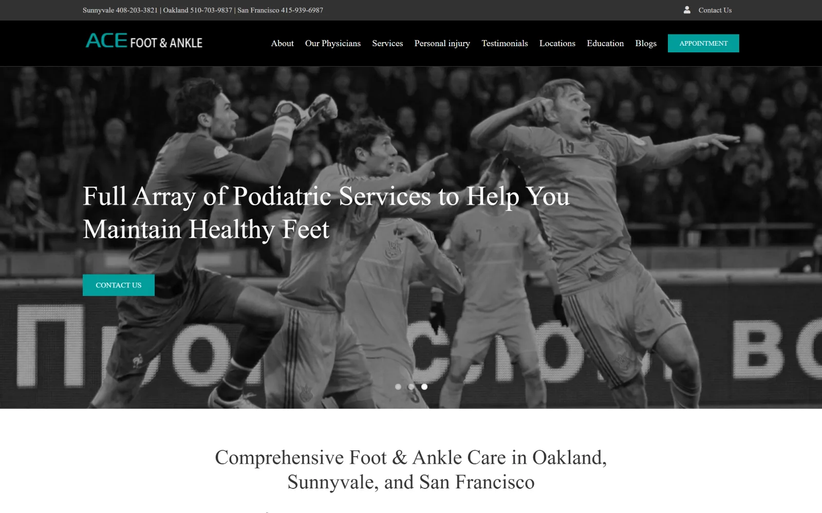 acefootandankle.com, podiatry website design: a monochrome photograph of footballers mid-leap fills the hero