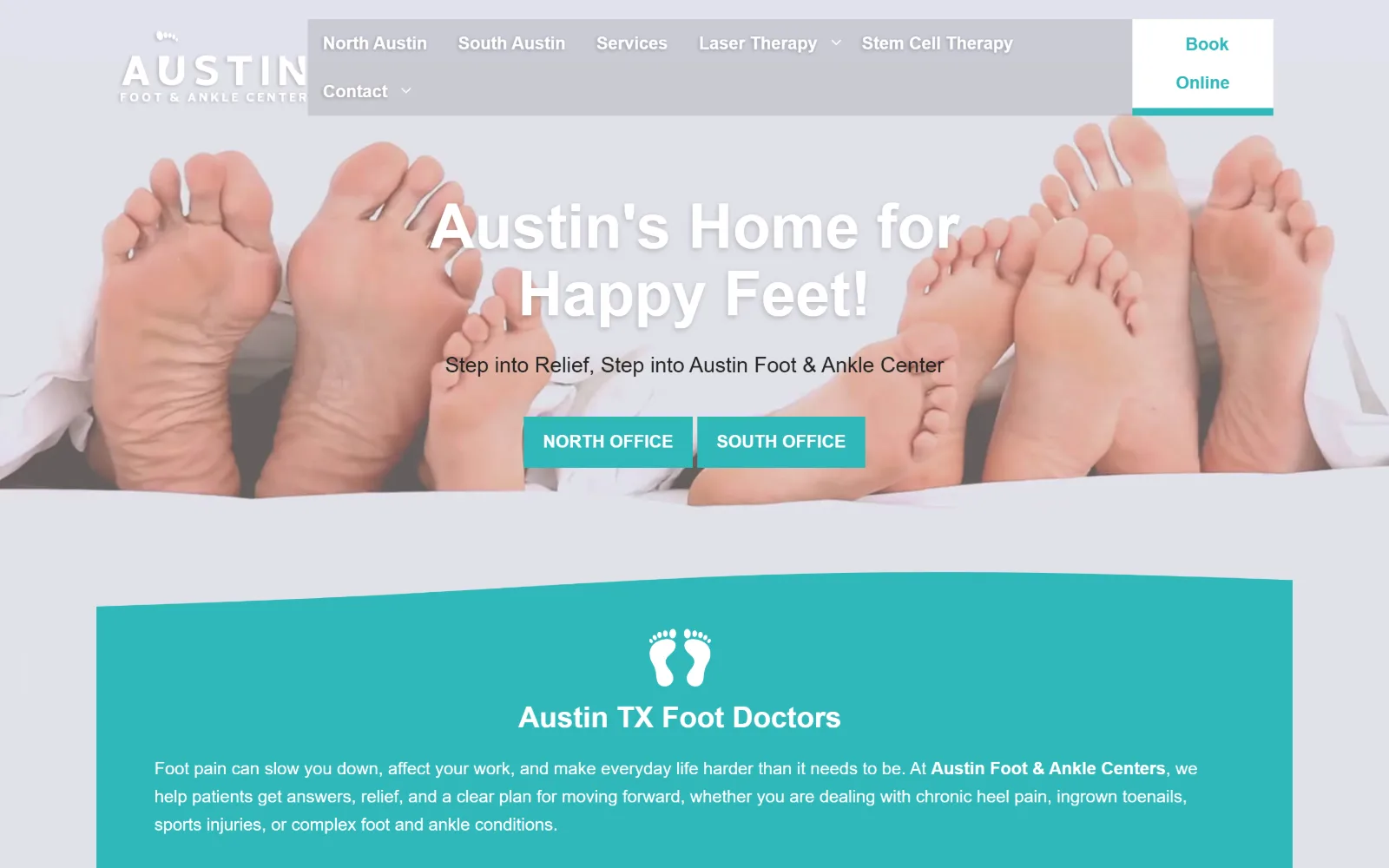 austinfootandanklecenter.com, podiatry website design: four pairs of bare feet under a sheet fill the hero behind a white shadowed headline