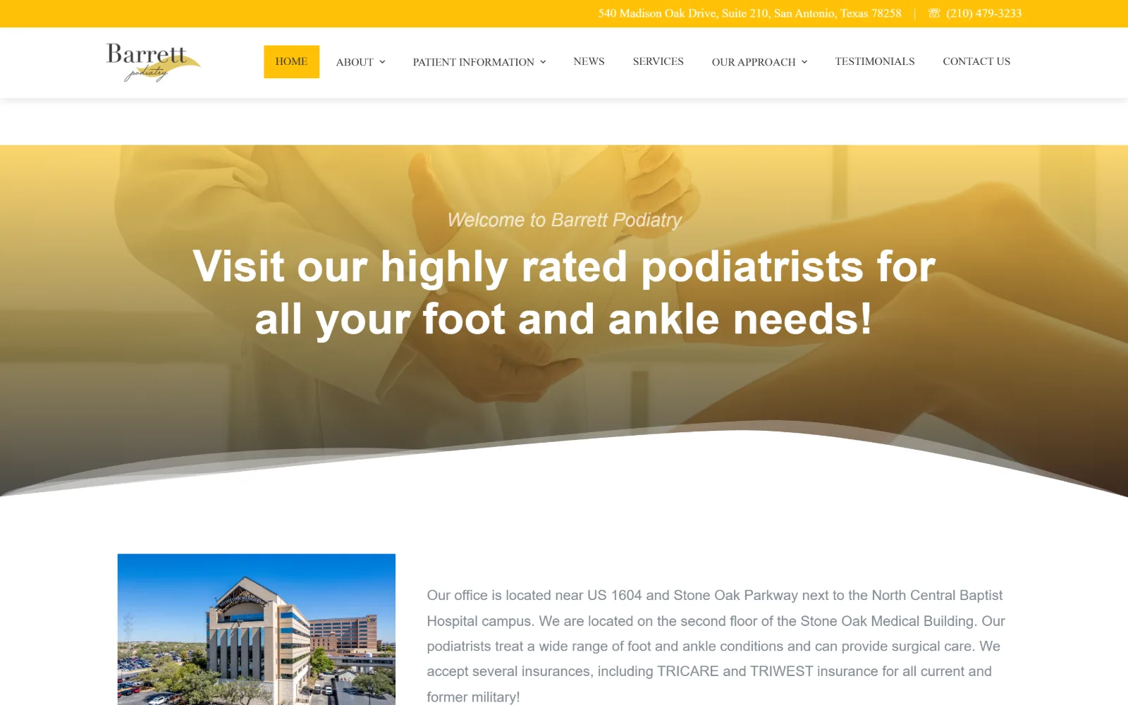 barrettpodiatry.com, podiatry website design: a yellow-graded photograph of a clinician holding a patient's foot sits behind a white