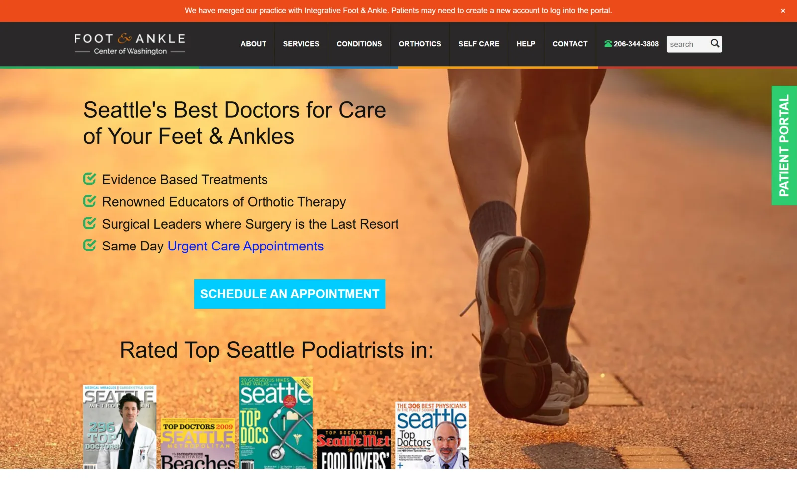 footankle.com, podiatry website design: an orange-lit photograph of a runner backs a black headline