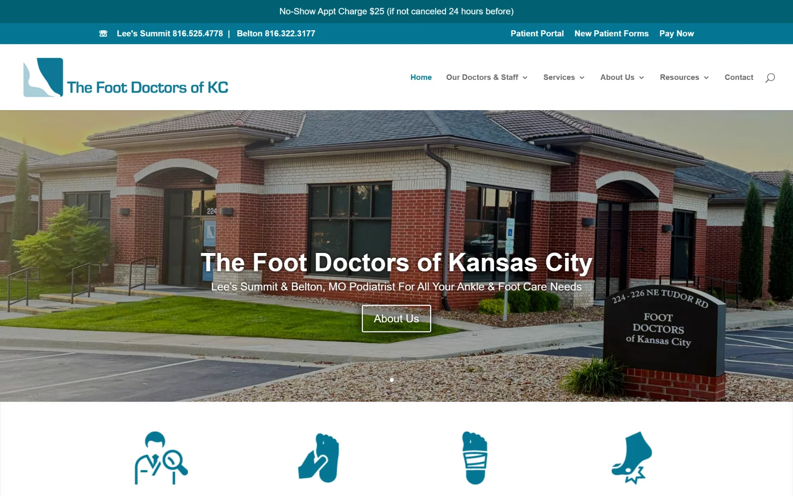 footkc.com, podiatry website design: brick clinic building and its roadside sign fill the hero