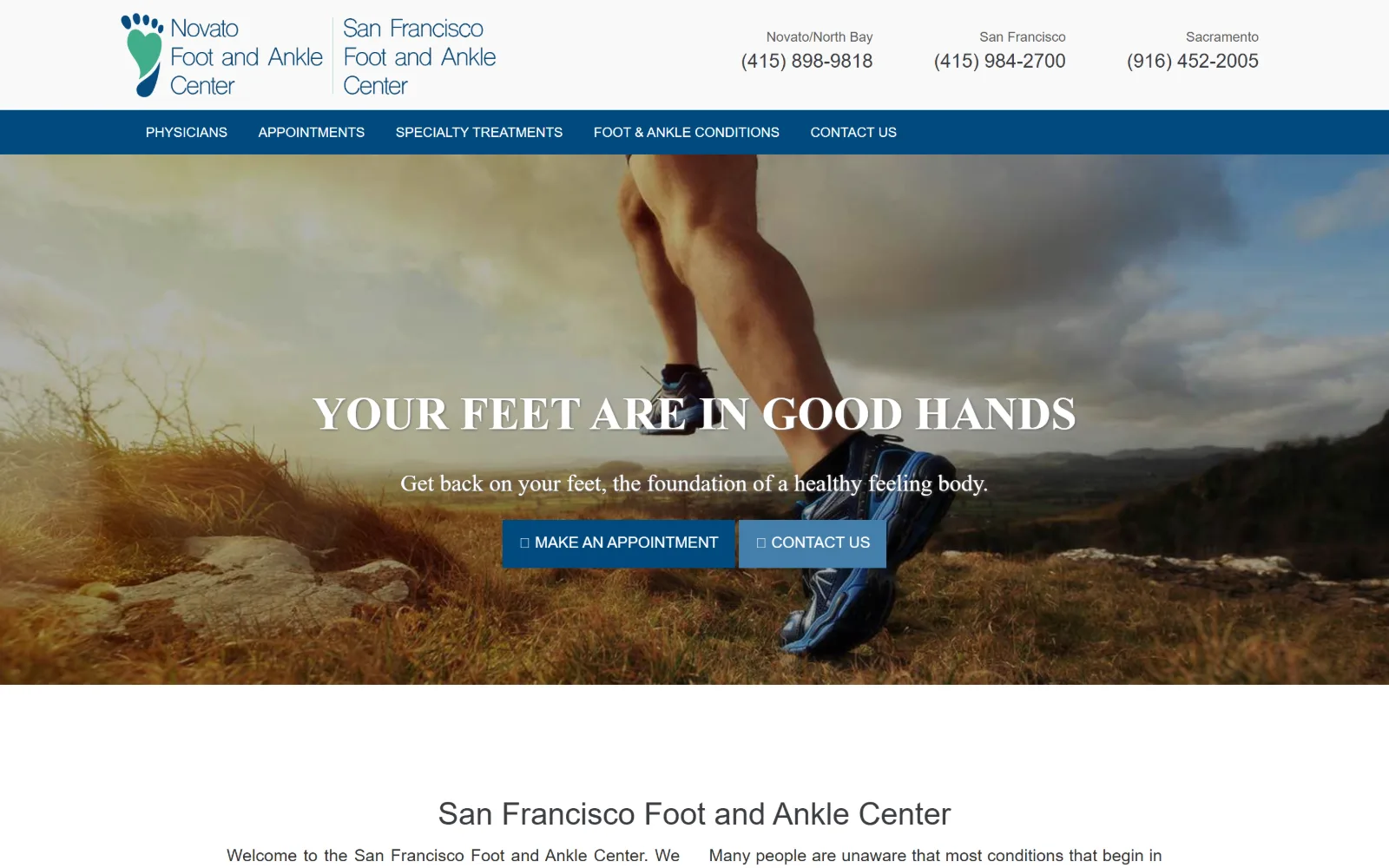 footprince.com, podiatry website design: a runner's legs on a hillside at dusk fill the hero