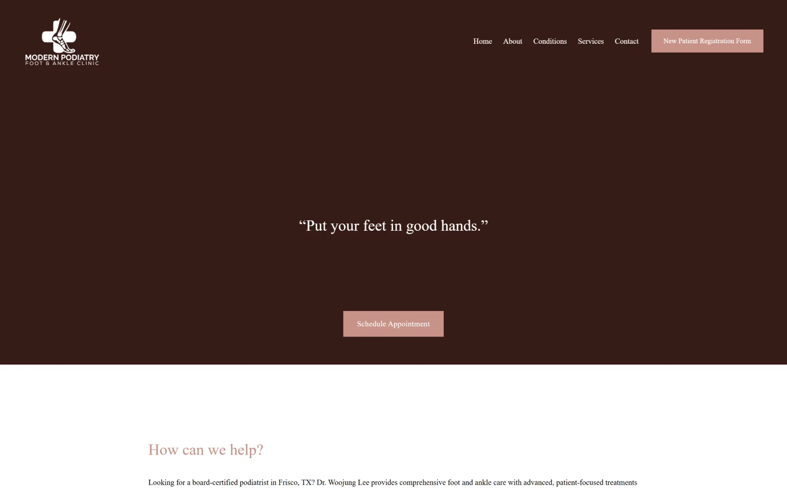 modpodiatry.com, podiatry website design: a deep brown band fills the screen with a centred serif quotation, Put your feet in good hands