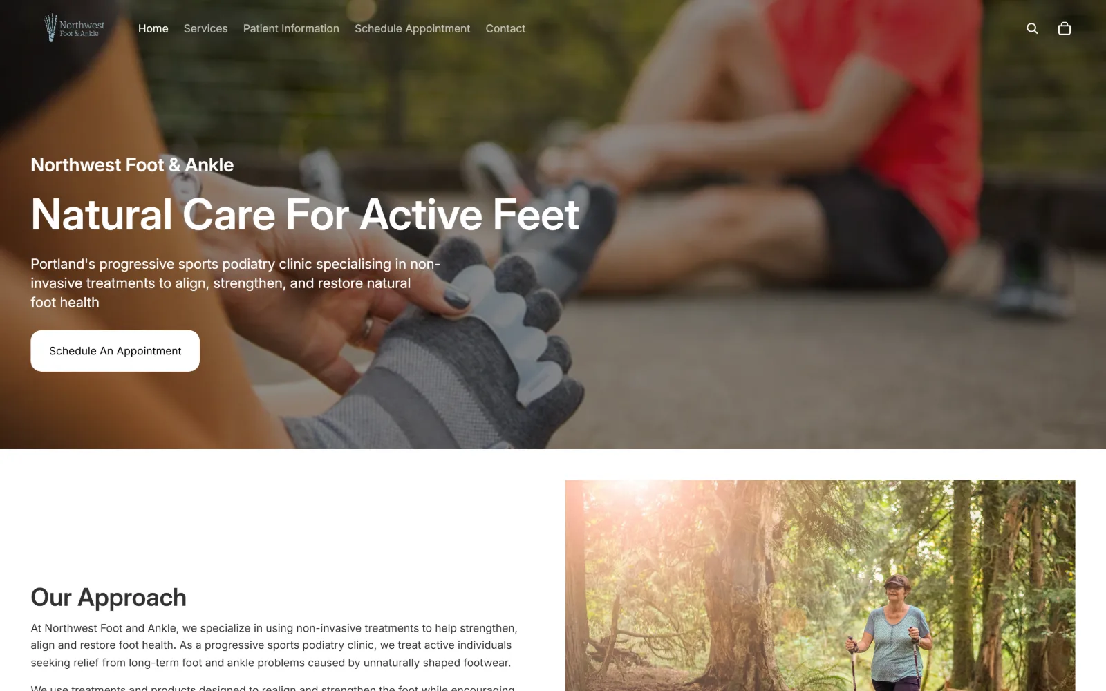 nwfootankle.com, podiatry website design: a photograph of hands fitting a toe-spacer sock fills the hero