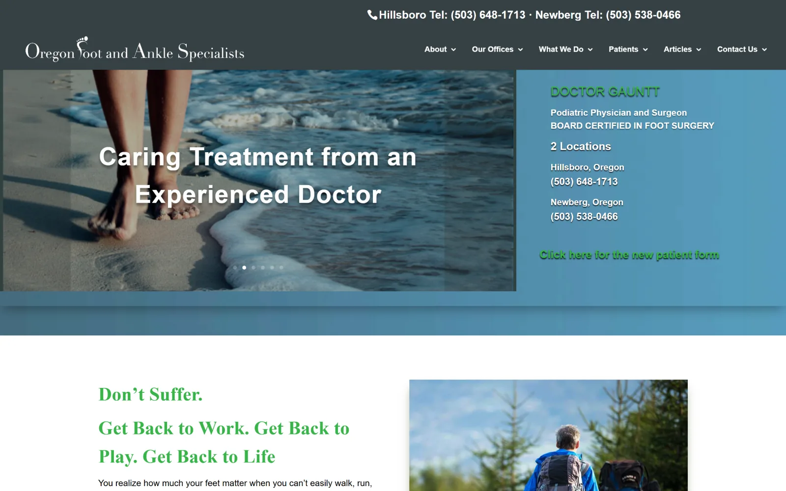 oregonfoot.com, podiatry website design: a beach photograph of bare feet at the waterline sits left of a pale blue panel listing